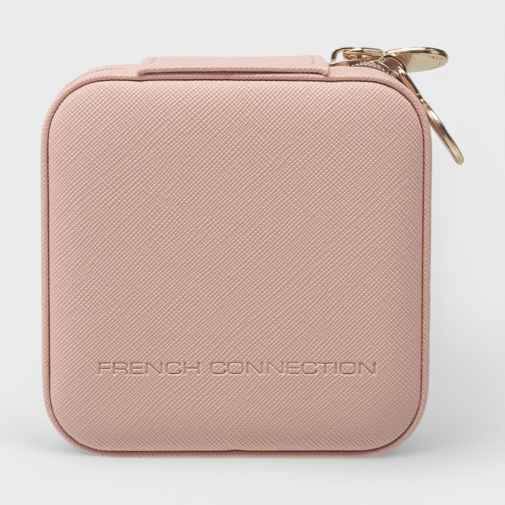 French Connection Small Travel Accessory Organizer with Mirror – Compact Jewelry Storage Box, Faux Leather