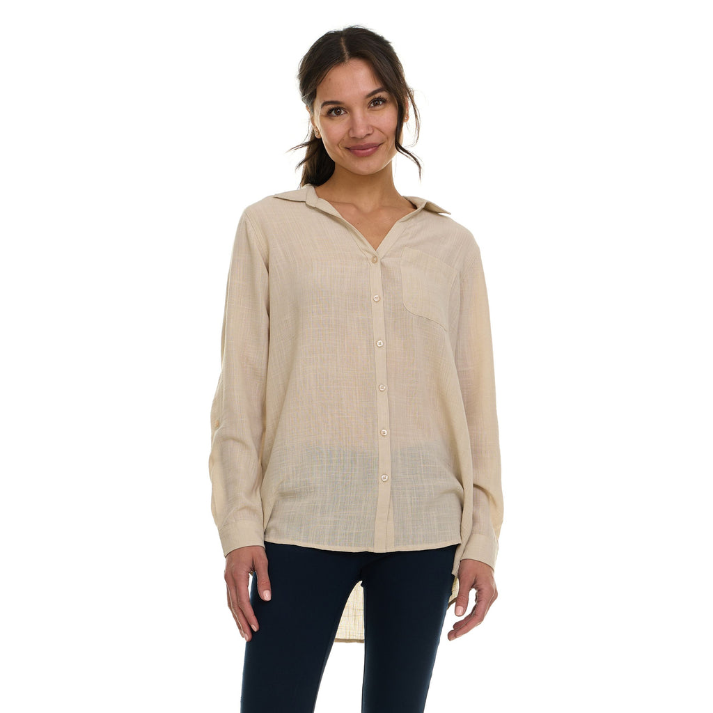 Super Triple Goose Women’s Linen Long Sleeve Button-Down Shirt – Lightweight Casual Collared Top with Pocket