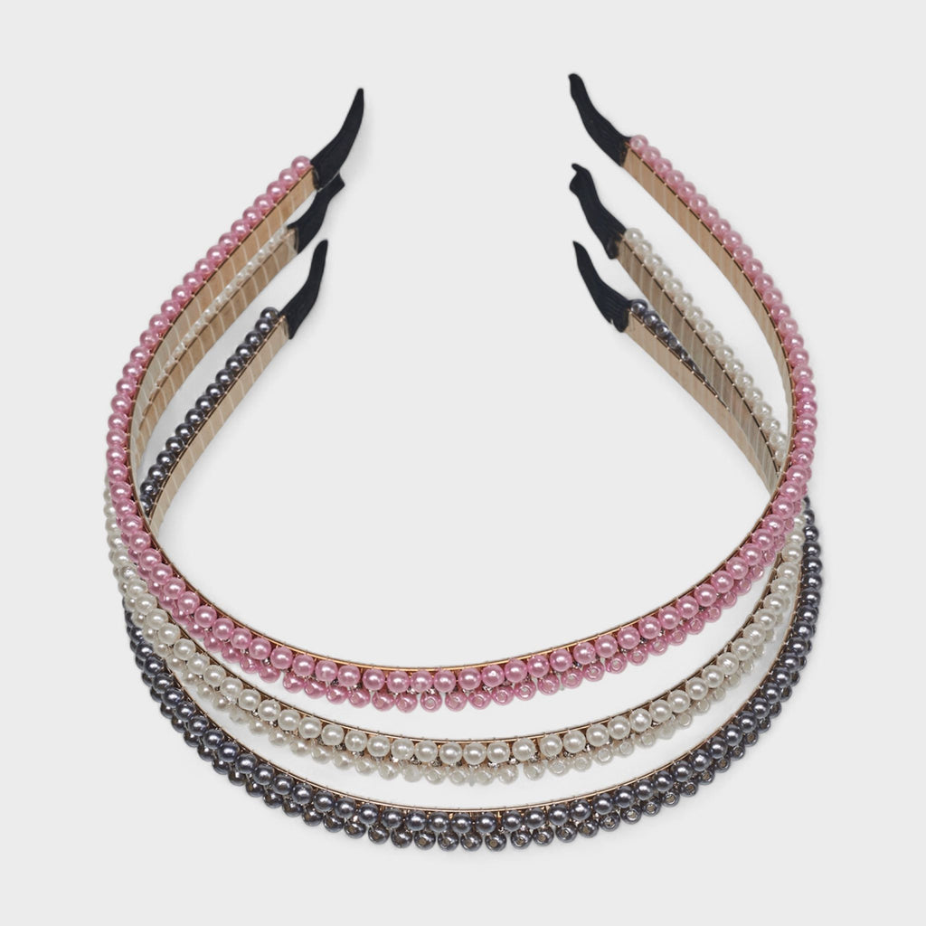 Hair Essentials Women's 3-Pack Pearl Embellished Headbands - Multi-Color (Pink, White, Gray) - Women's Hair Accessories for Stylish Everyday Looks