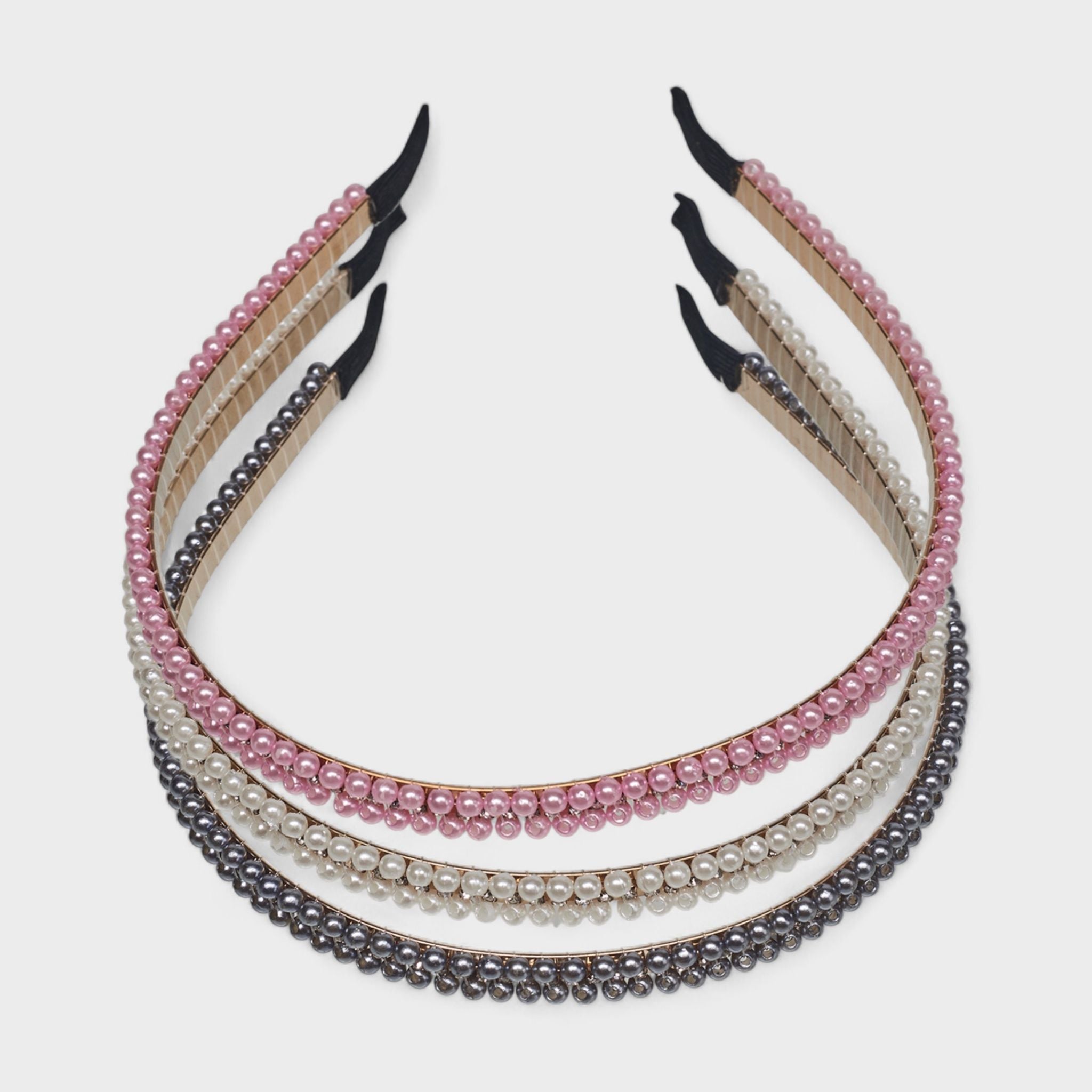 Hair Essentials Women's 3-Pack Pearl Embellished Headbands - Multi-Color (Pink, White, Gray) - Women's Hair Accessories for Stylish Everyday Looks