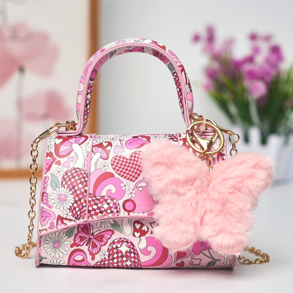 Willow & Ruby Girls' Mini Groovy Love & Peace Print Top Handle Crossbody Bag with Fluffy Butterfly Charm