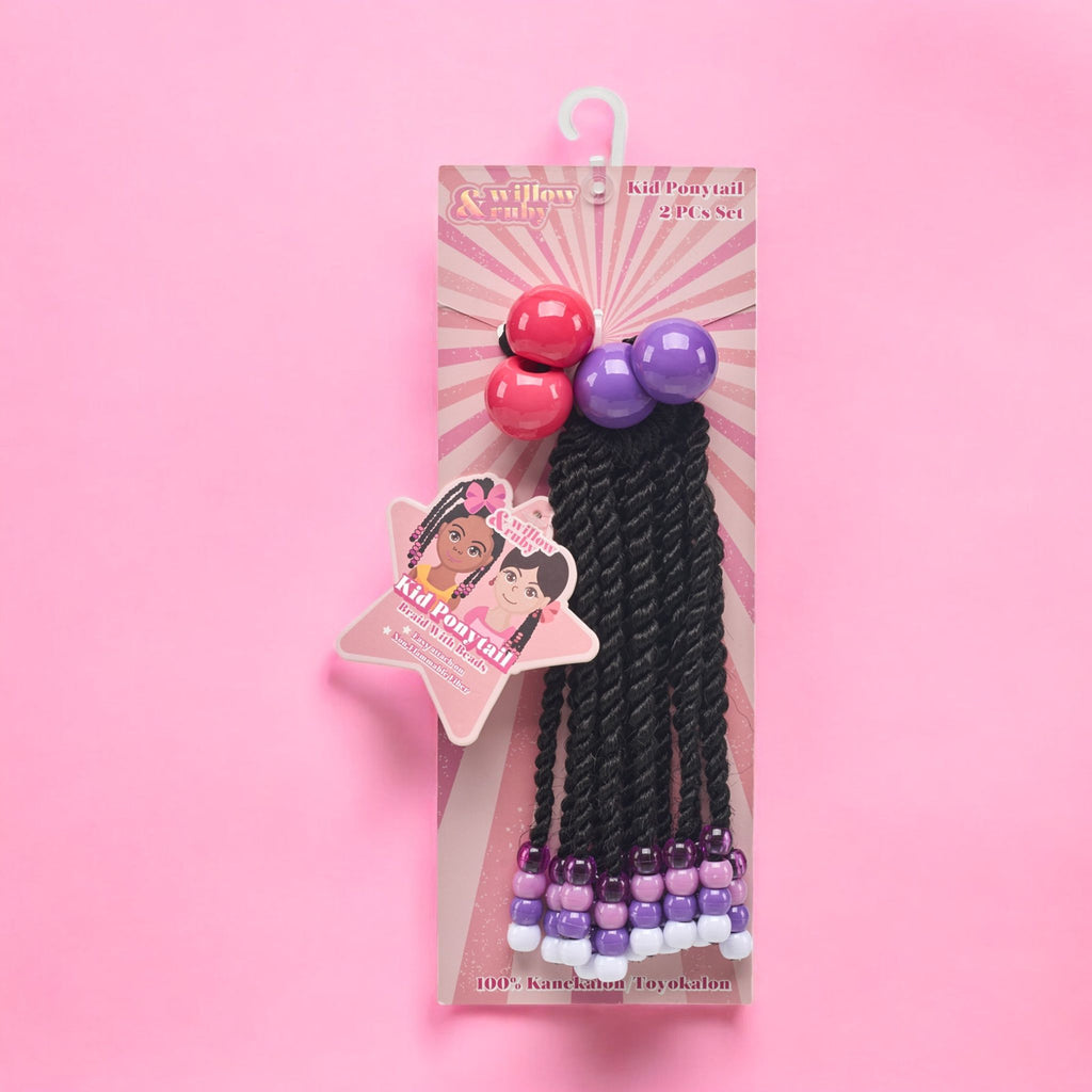 Willow & Ruby Kid's 2-Piece Ponytail Set - Beaded Synthetic Braided Hair Extensions Ponytail Holder with Knocker Bubble Hair Ties