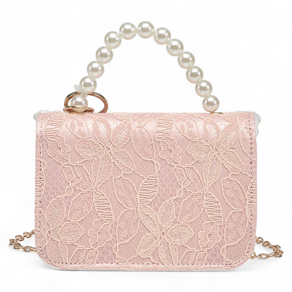 Willow & Ruby Girls' Pink Lace Mini Crossbody Bag with Pearl Handle and Cherry Charm