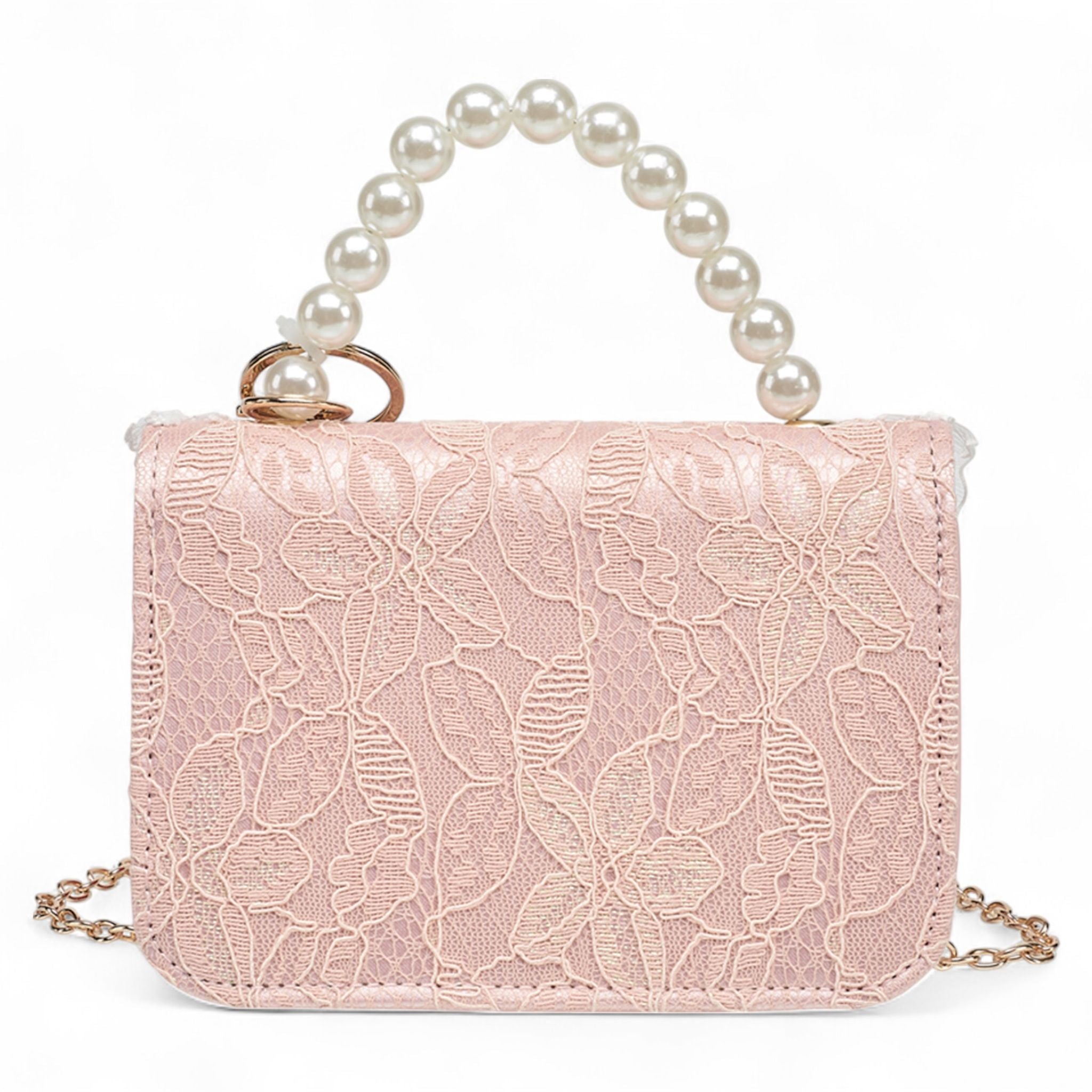 Willow & Ruby Girls' Pink Lace Mini Crossbody Bag with Pearl Handle and Cherry Charm
