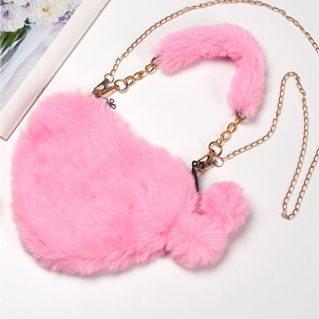 Willow & Ruby Girls Pink Plush Fuzzy Heart Bag - Adorable Soft Faux Fur Shoulder Bag with Chain Strap and Pom-Poms, Perfect for Kids & Tweens