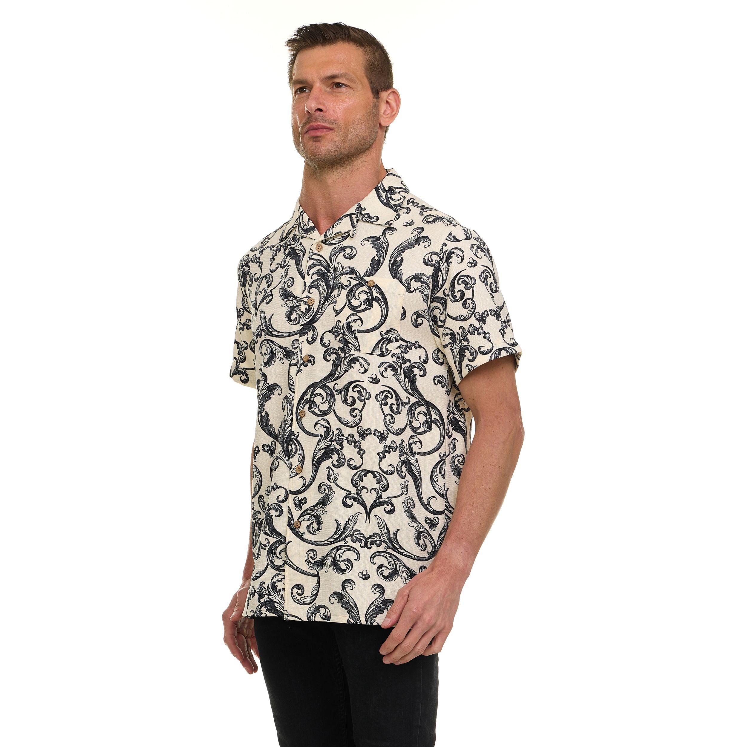 Super Triple Goose Men’s Textured Printed Camp Collar Shirt – Vintage-Inspired Stretch Shirt with Moisture Wicking & Easy Care