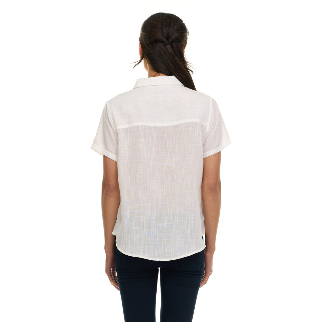 Super Triple Goose Women’s Short Sleeve Linen Shirt – Lightweight Button-Up Collared Blouse with Front Pockets