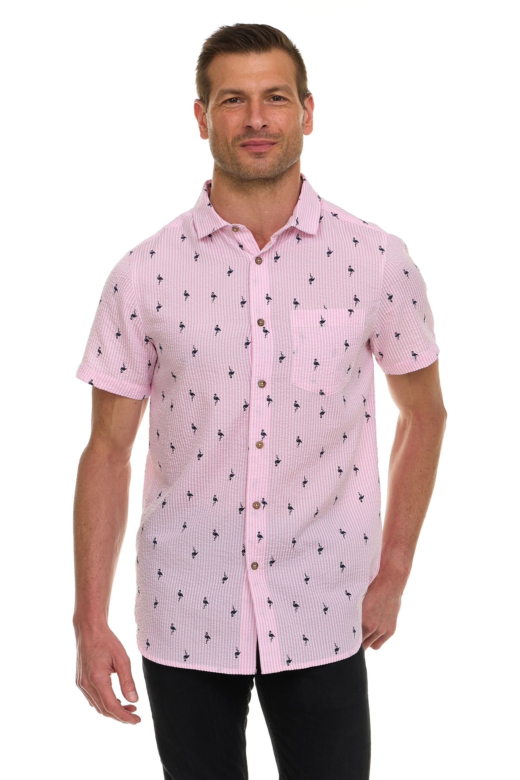 Canada Weather Gear Men’s Seersucker Short Sleeve Shirt with Allover Palm Print – Lightweight Button-Down Casual Shirt