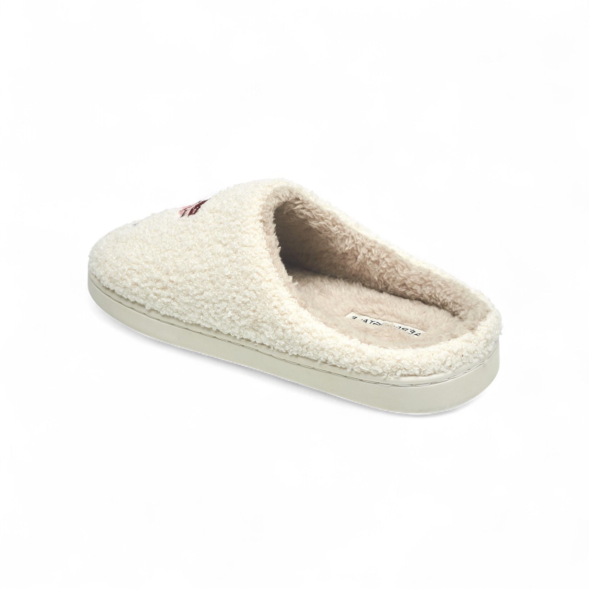 Aéropostale Women’s Fuzzy Pig Mule Slippers – Ivory Slip-On House Shoes with Cute Pink Pig & Red Bow Embroidery