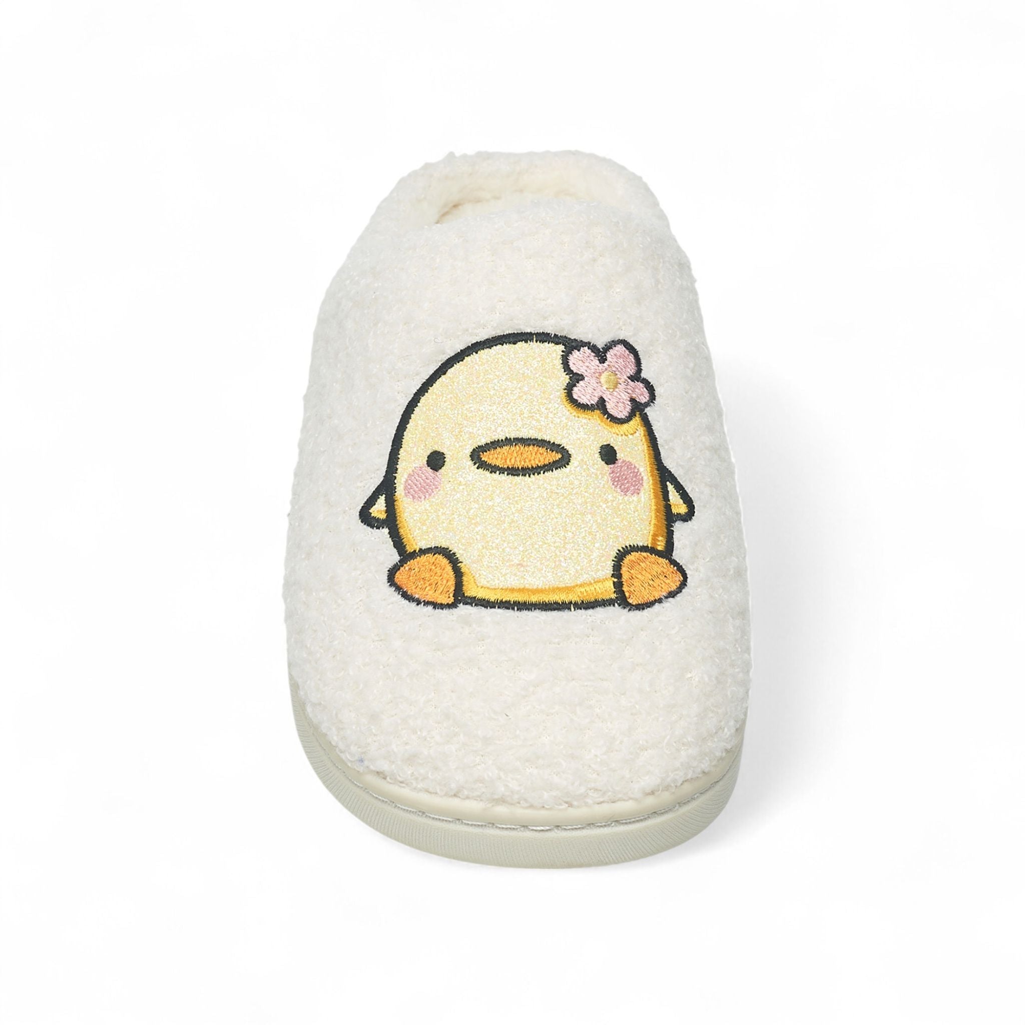 Aéropostale Women’s Fuzzy Chick Mule Slippers – Ivory Slip-On House Shoes with Yellow Embroidered Chick & Flower