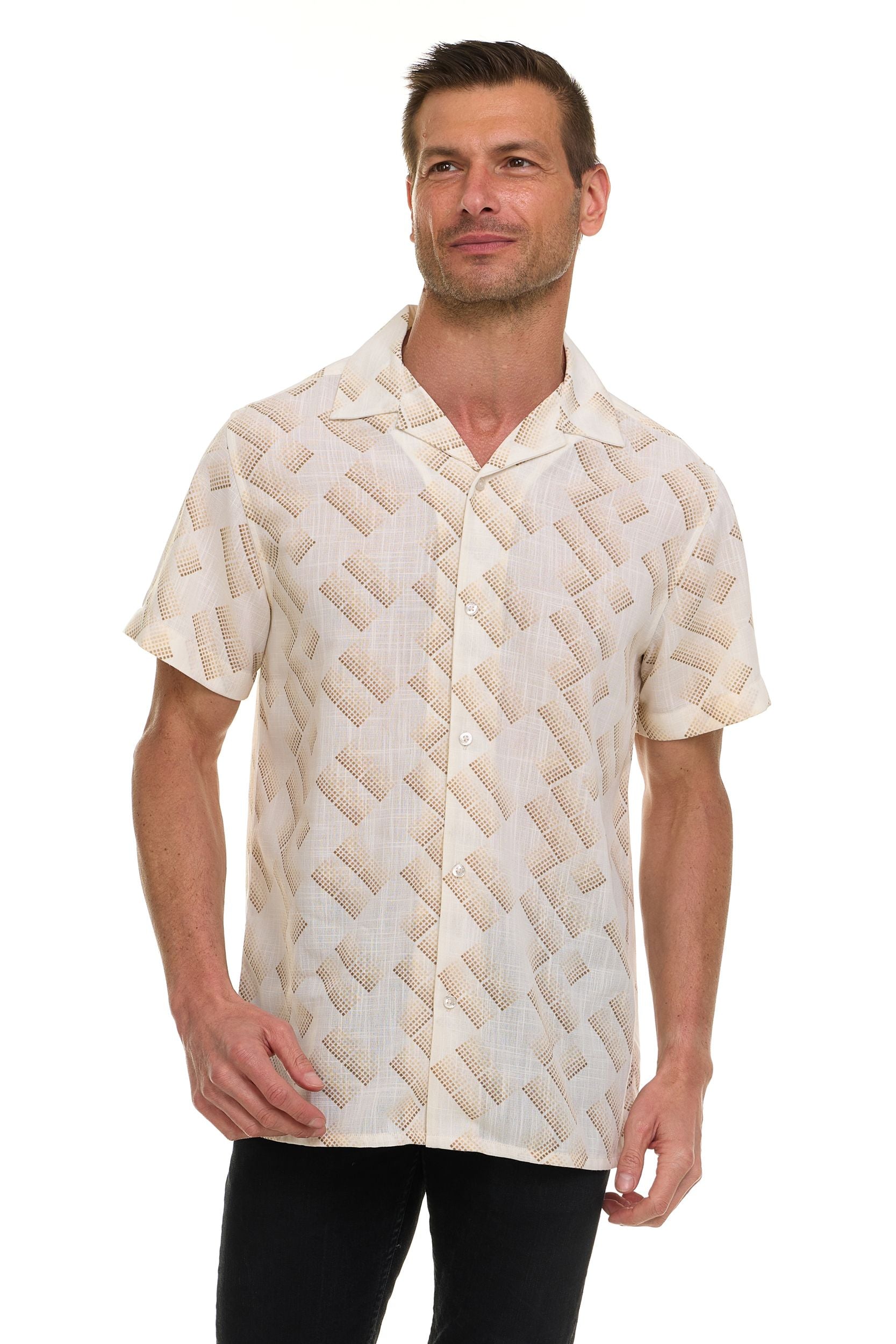 Super Triple Goose Men’s Short Sleeve Linen-Look Resort Shirt – Lightweight Button-Down Camp Shirt with Tropical Prints