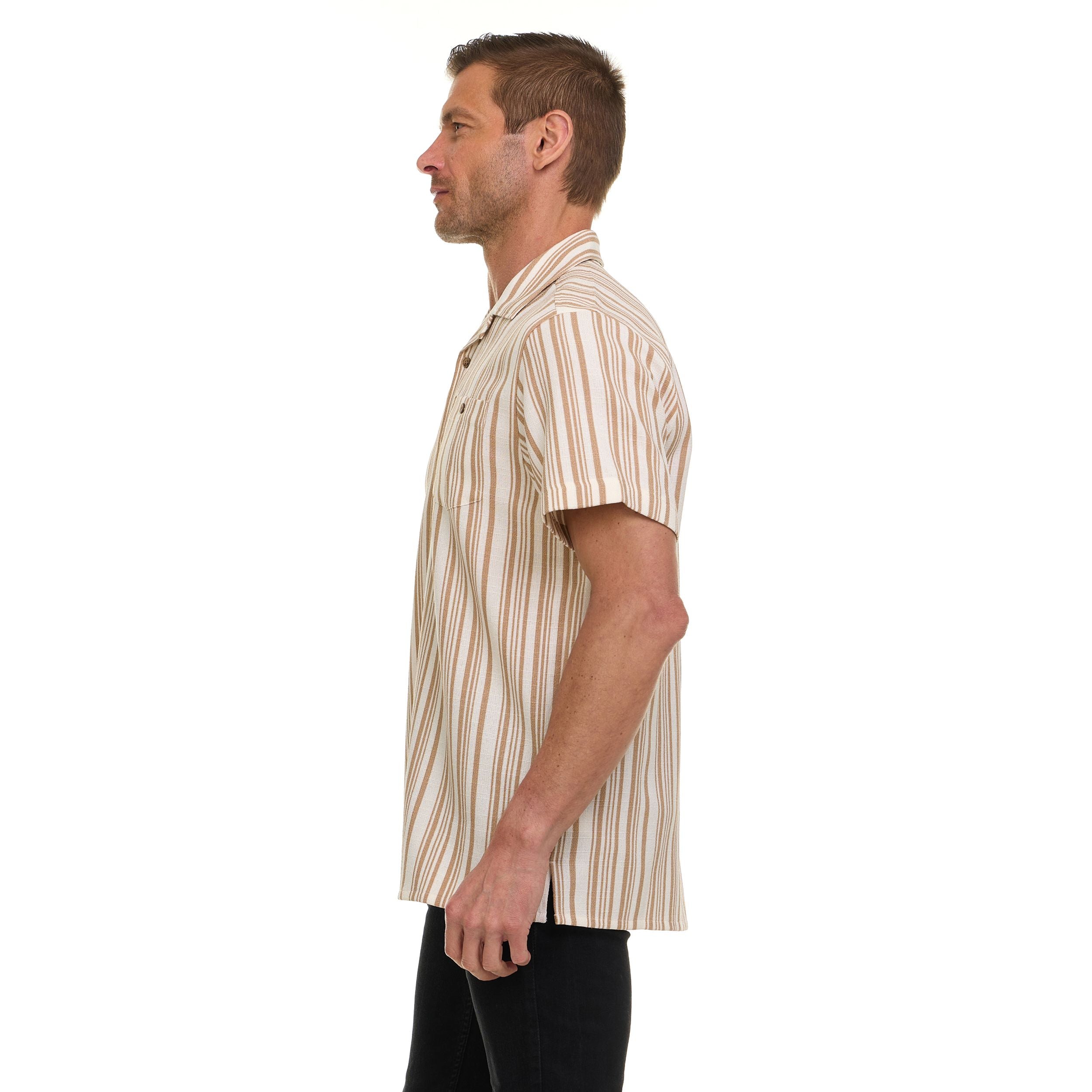 Super Triple Goose Men’s Short Sleeve Button-Up Shirt – Lightweight Striped Casual Shirt with Chest Pocket