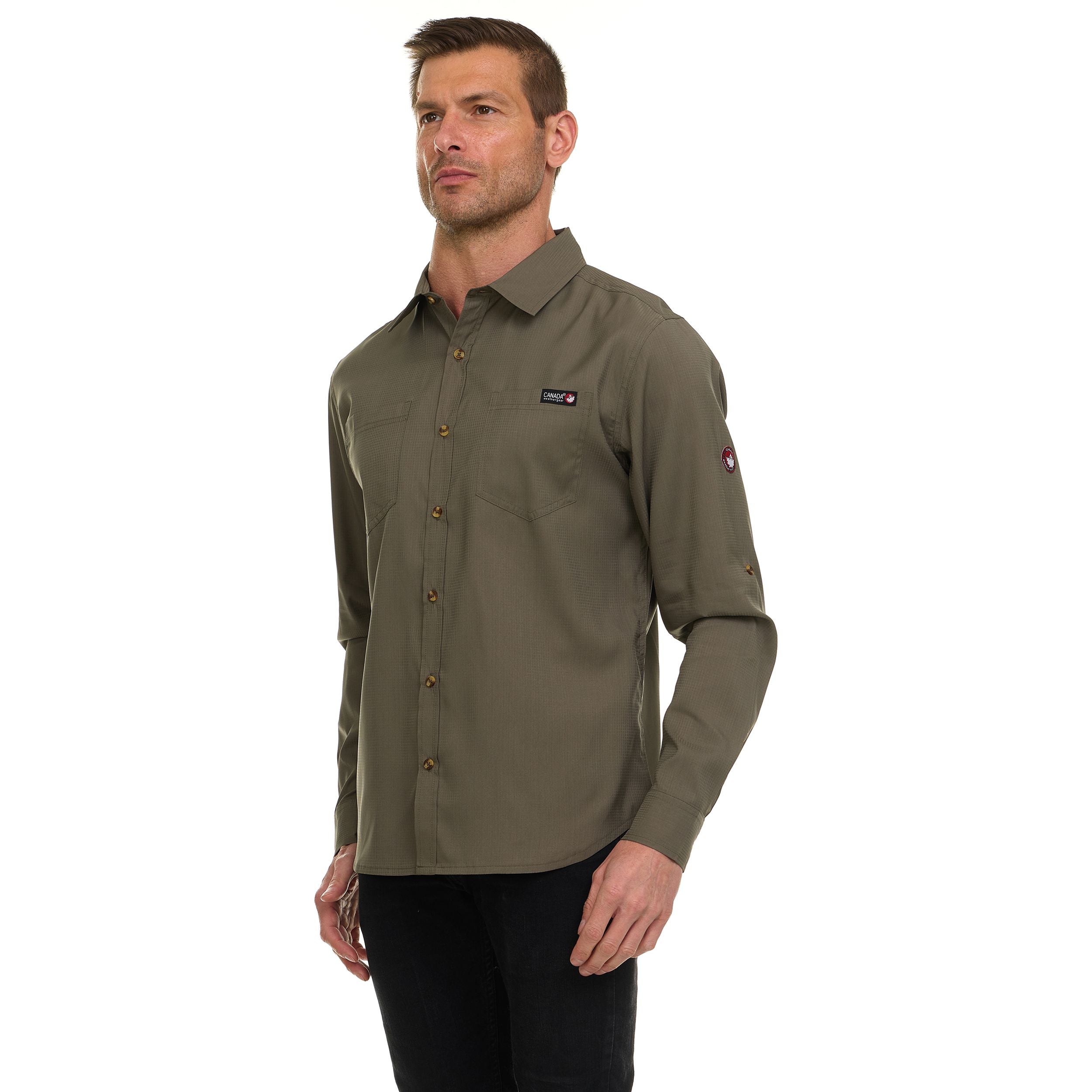 Canada Weather Gear Men’s Long Sleeve Ripstop Shirt – Roll-Up Sleeves, Dual Chest Pockets, Outdoor Lightweight Button-Down