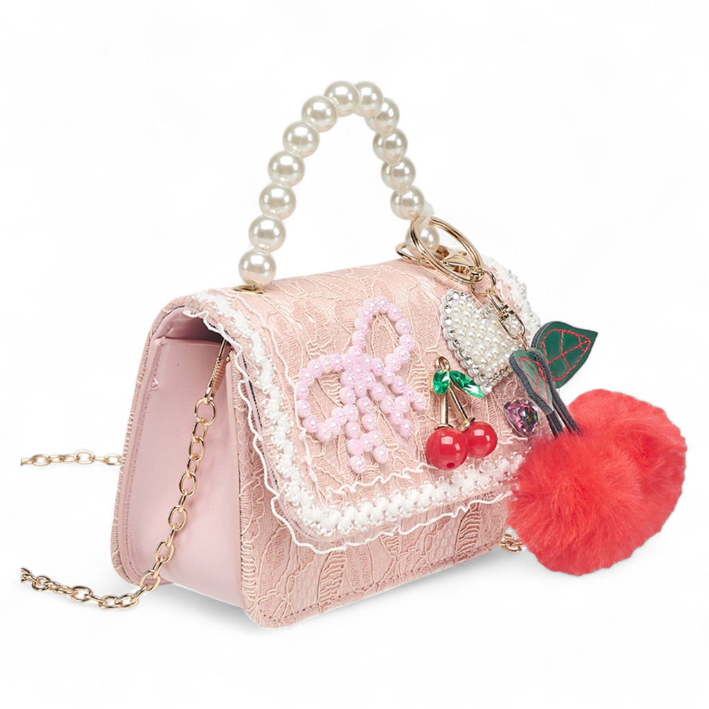 Willow & Ruby Girls' Pink Lace Mini Crossbody Bag with Pearl Handle and Cherry Charm