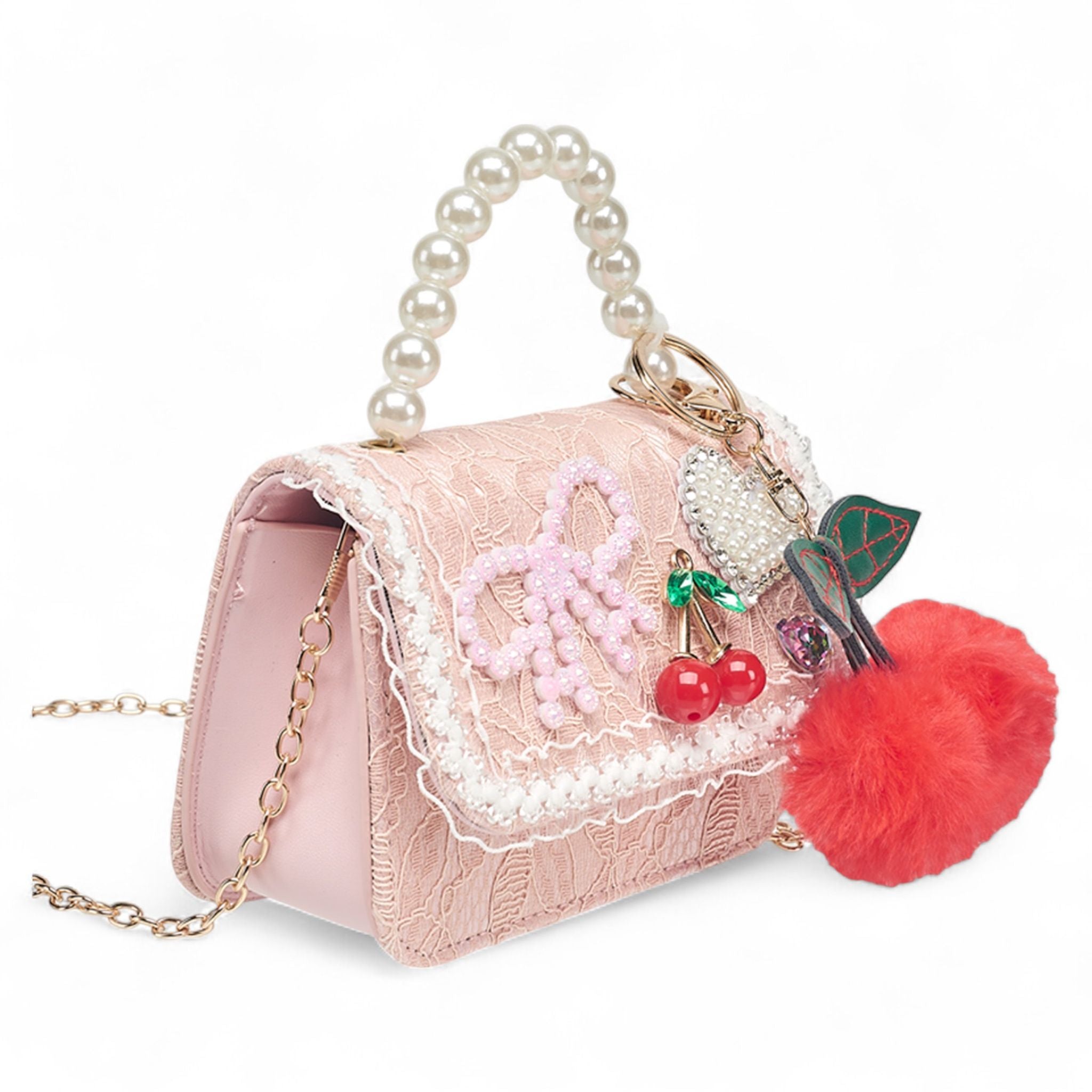 Willow & Ruby Girls' Pink Lace Mini Crossbody Bag with Pearl Handle and Cherry Charm