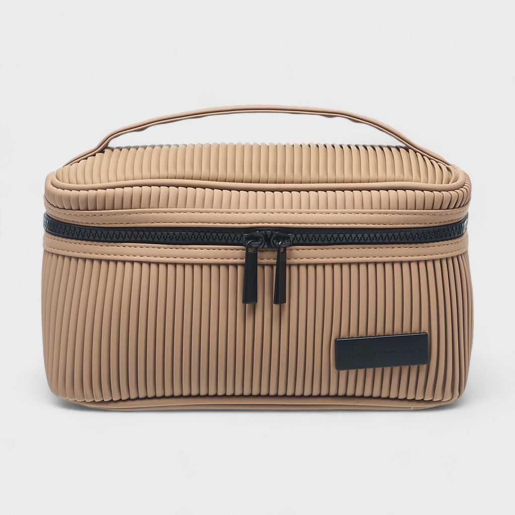 French Connection Ribbed Cosmetic Organizer Bag with Handle – Water Resistant Travel Cosmetic Case - Tan