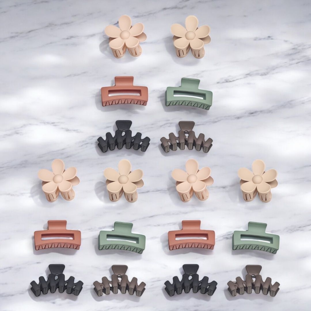 Hair Essentials Women's Hair Clip Set - Flower, Rectangle, and Modern Claw Clips in Neutral Colors, (6-Piece or 18-Piece Packs)