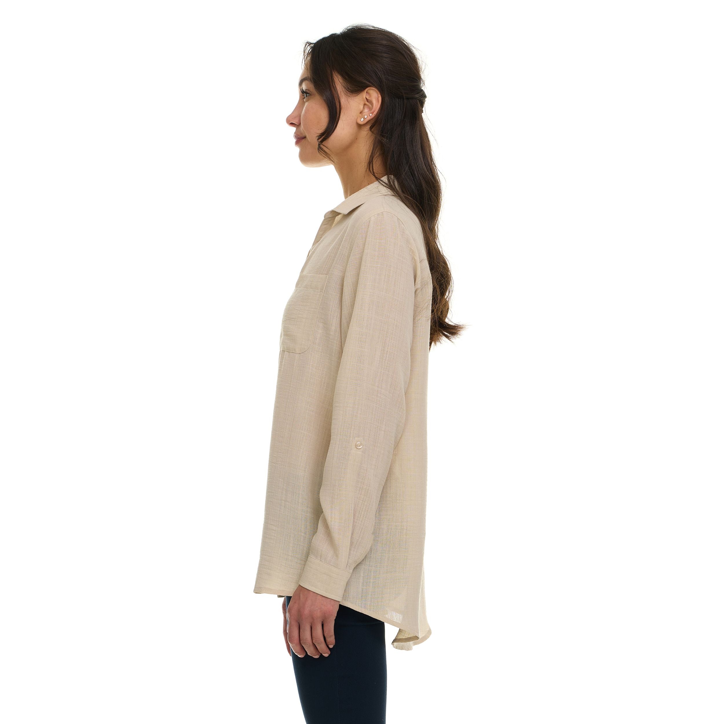 Super Triple Goose Women’s Linen Long Sleeve Button-Down Shirt – Lightweight Casual Collared Top with Pocket