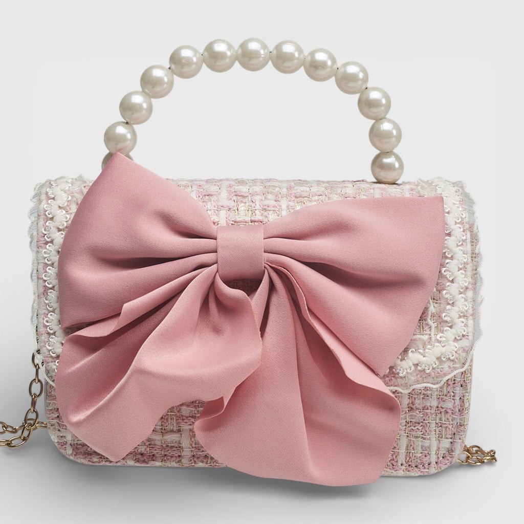 Willow & Ruby Girls' Pink Tweed Bow Crossbody Bag with Pearl Handle
