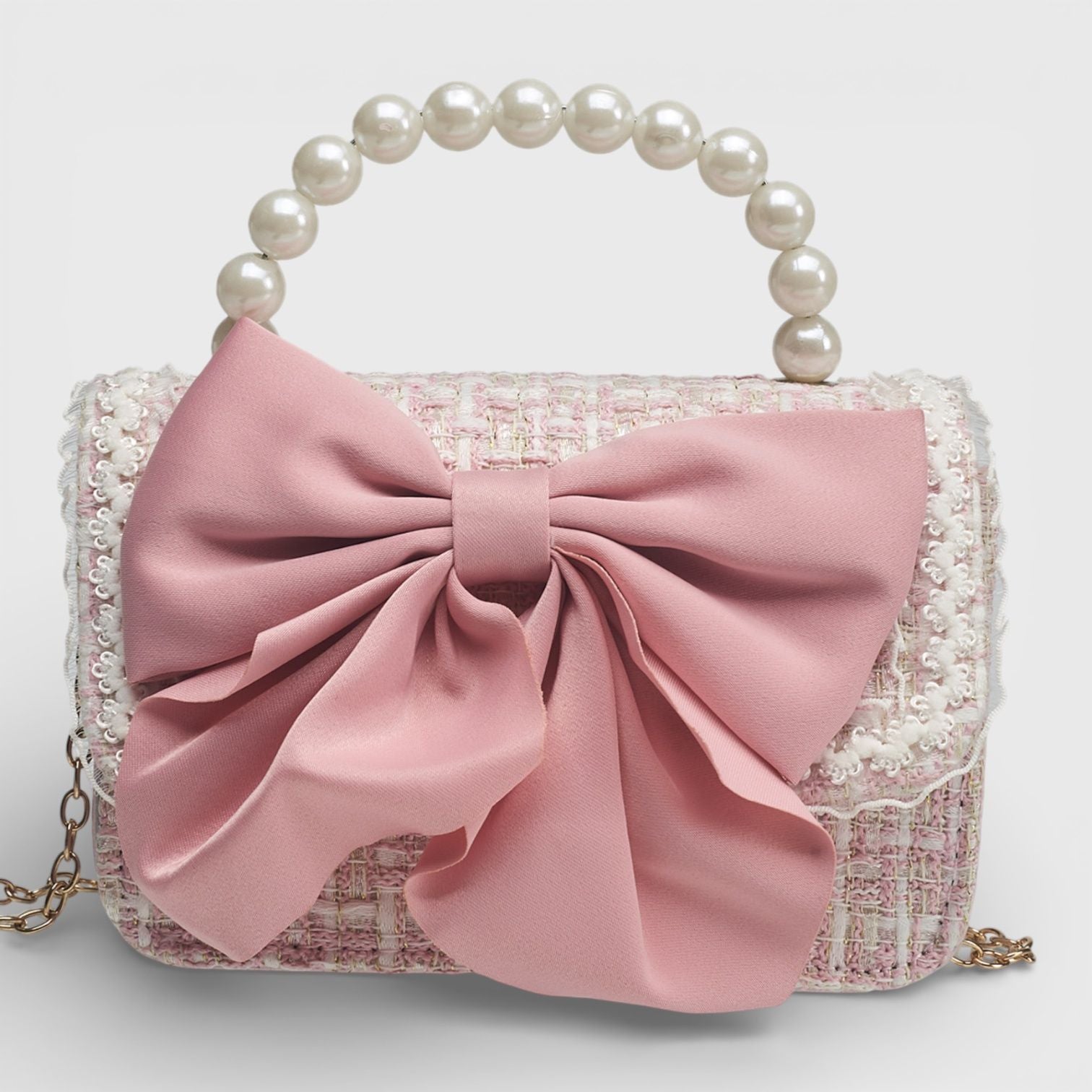 Willow & Ruby Girls' Pink Tweed Bow Crossbody Bag with Pearl Handle