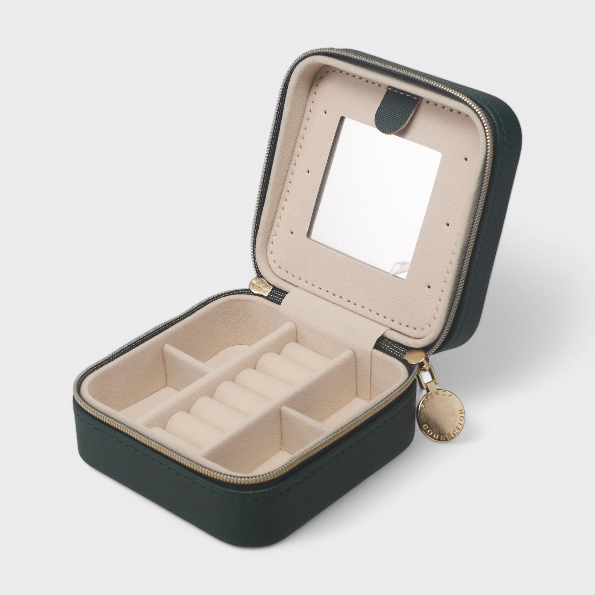 French Connection Small Travel Accessory Organizer with Mirror – Compact Jewelry Storage Box, Faux Leather