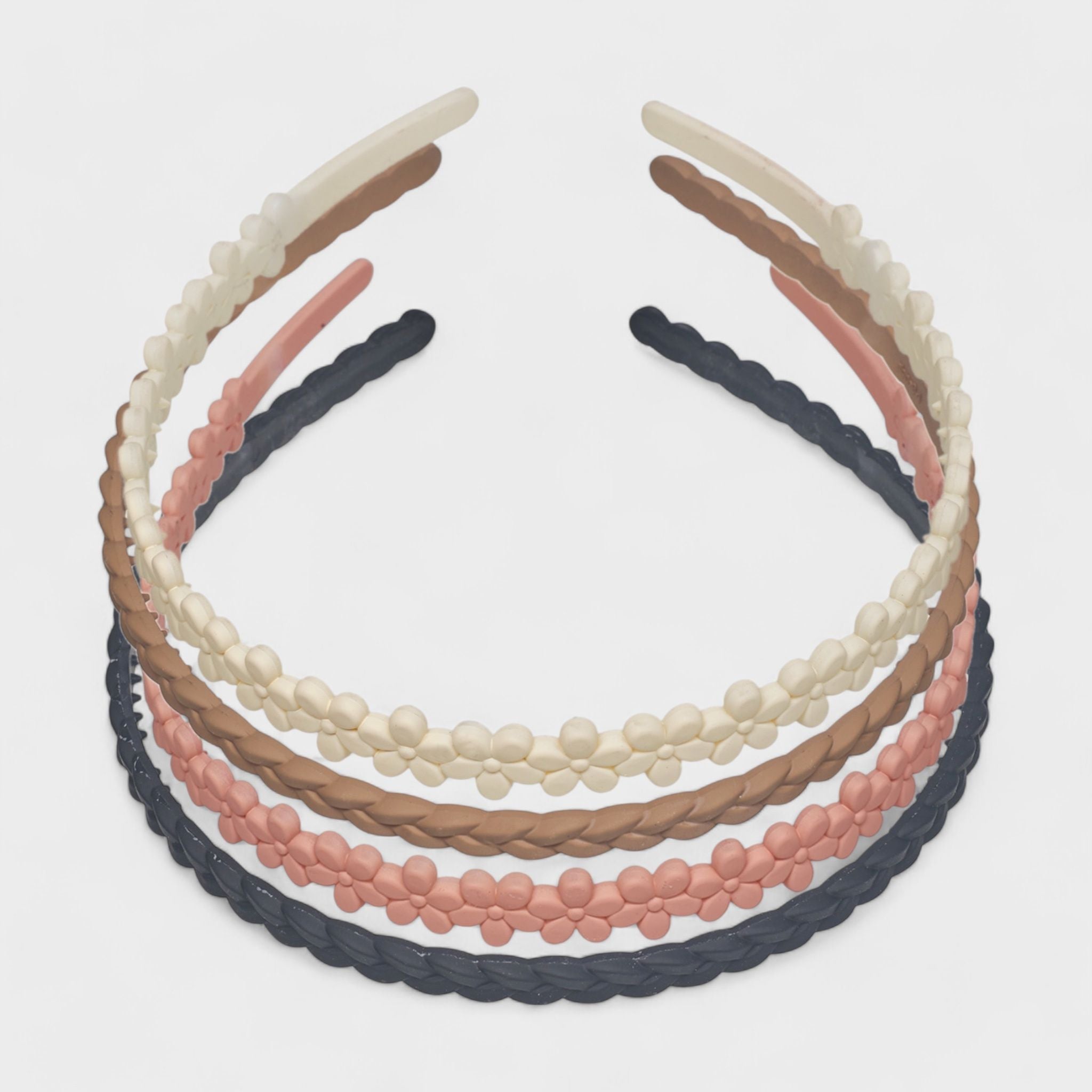 Hair Essentials Women's 4-Pack Decorative Headband Set for Women, Braided & Floral Design, Comfortable & Non-Slip, Beige, Brown, Pink, and Black