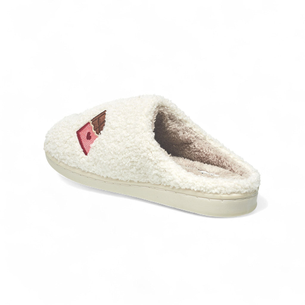 Aéropostale Women’s Fuzzy Chocolate Bar Mule Slippers – Ivory Slip-On House Shoes with Sweet Embroidered Candy Bars & Hearts