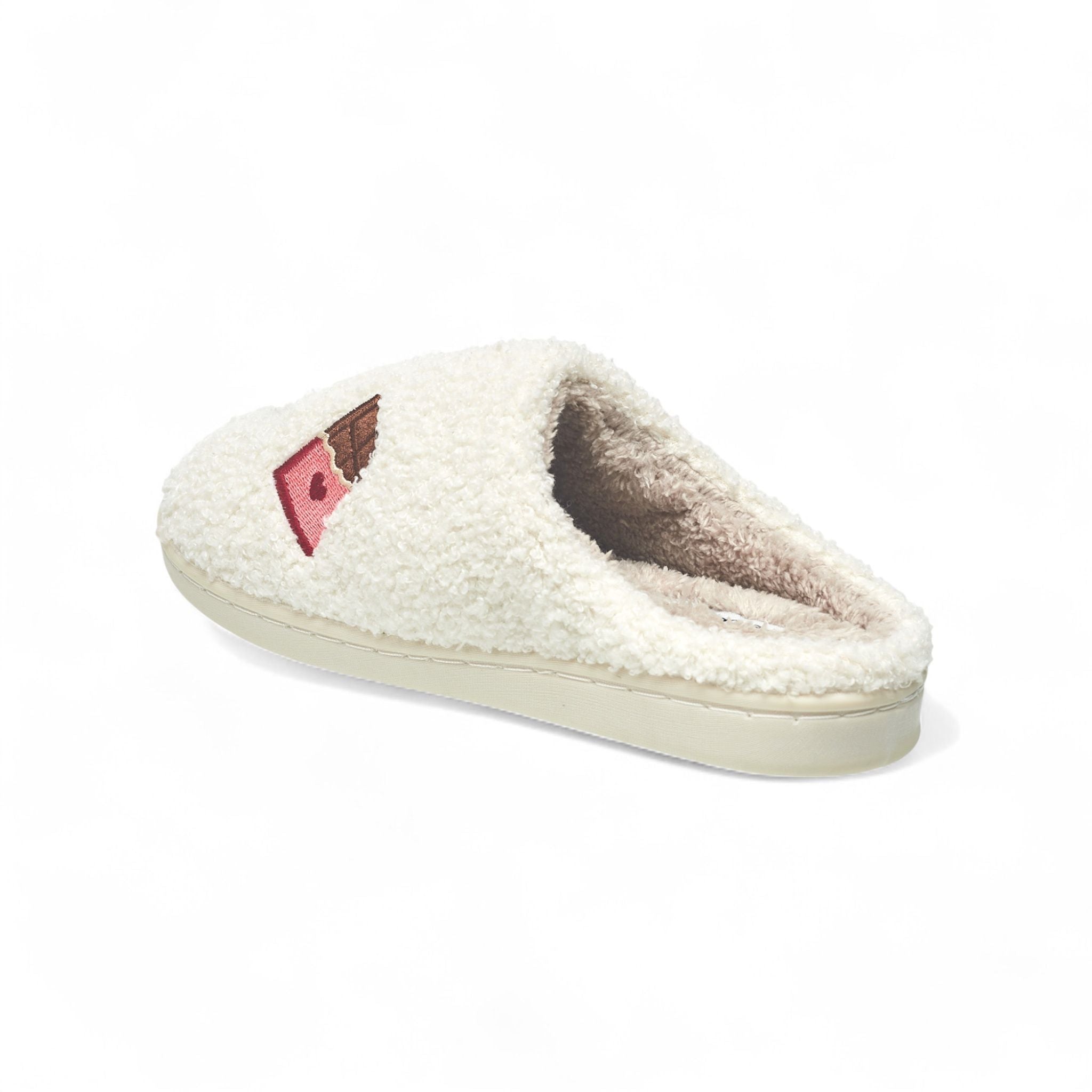 Aéropostale Women’s Fuzzy Chocolate Bar Mule Slippers – Ivory Slip-On House Shoes with Sweet Embroidered Candy Bars & Hearts