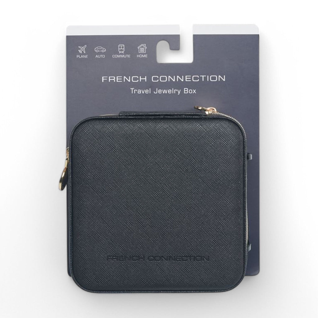 French Connection Large Travel Jewelry Box Organizer with Mirror – Faux Leather Storage for Rings, Earrings, Necklaces & Bracelets