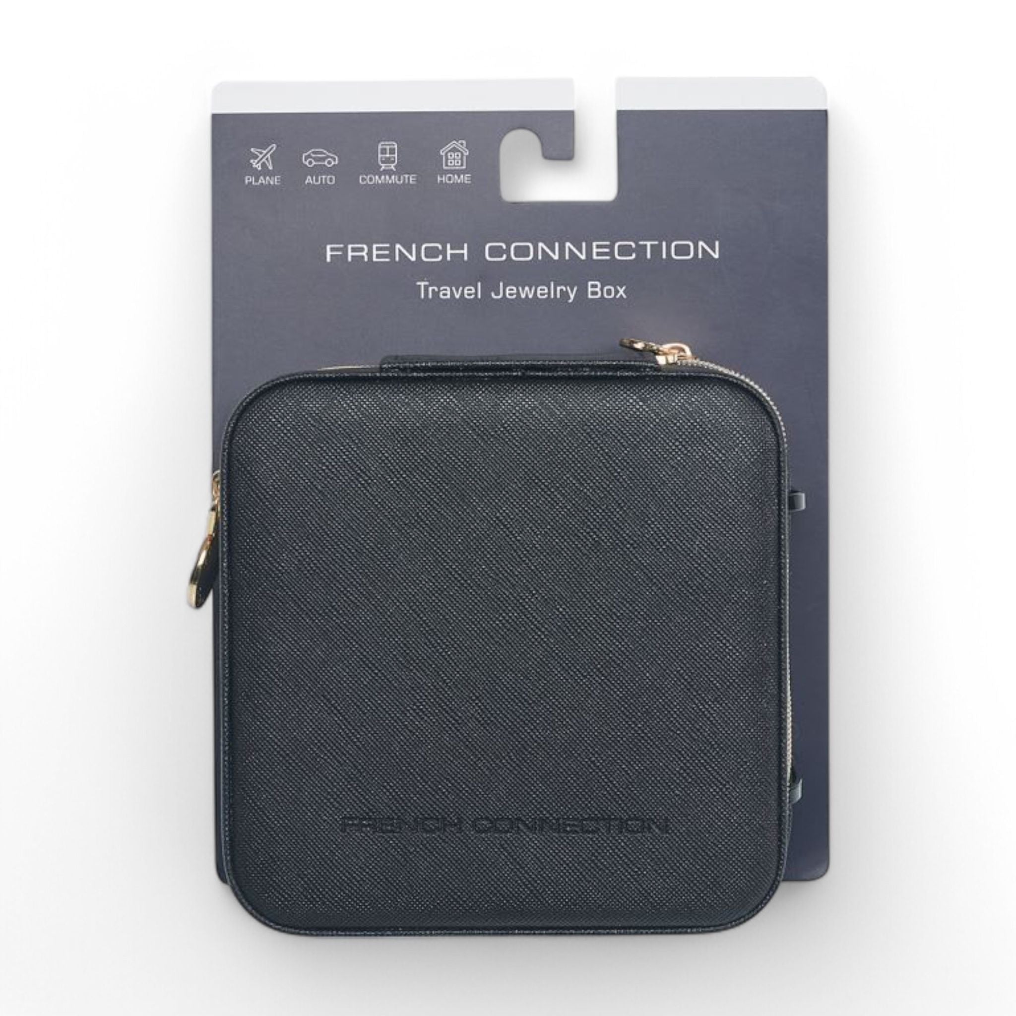 French Connection Large Travel Jewelry Box Organizer with Mirror – Faux Leather Storage for Rings, Earrings, Necklaces & Bracelets
