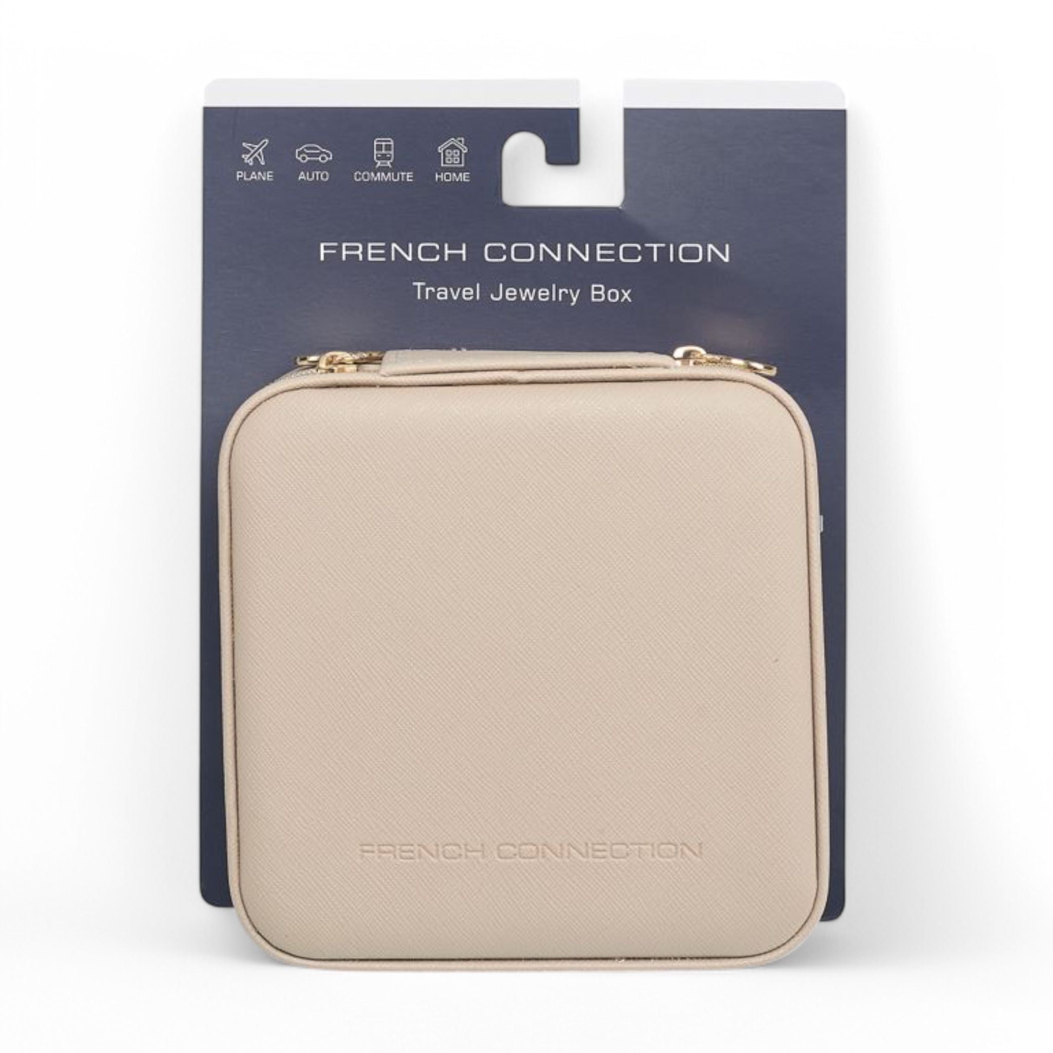 French Connection Large Travel Jewelry Box Organizer with Mirror – Faux Leather Storage for Rings, Earrings, Necklaces & Bracelets