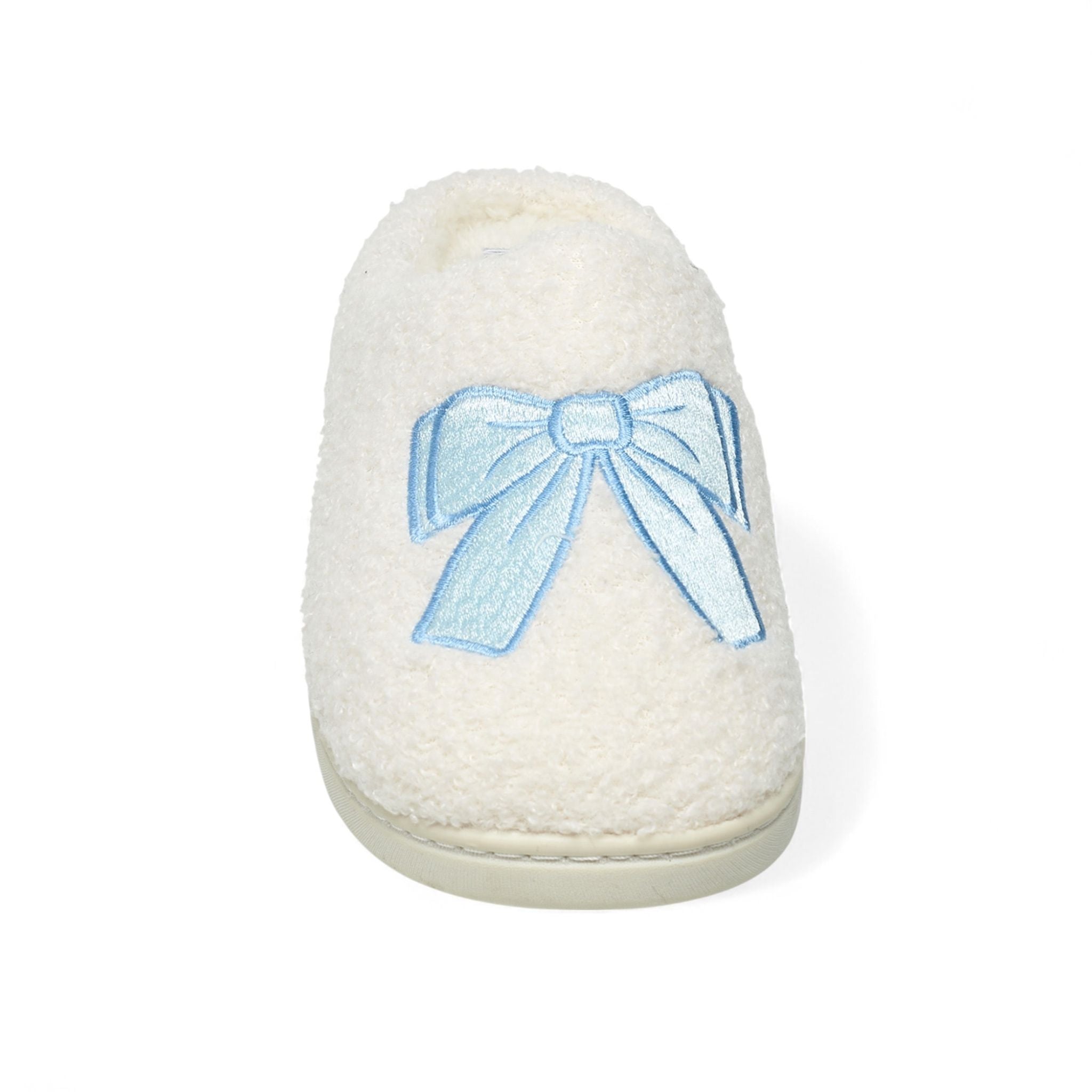 Aéropostale Women’s Fuzzy Pile High Fleece Bow Mule Slippers – Ivory Slip-On House Shoes with Light-Blue Embroidered Bow
