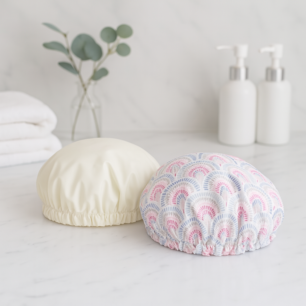 Spa Essentials 2-Pack Shower Caps – Reversible Waterproof Caps with Stylish Patterns & Solid Colors – Hair Protection