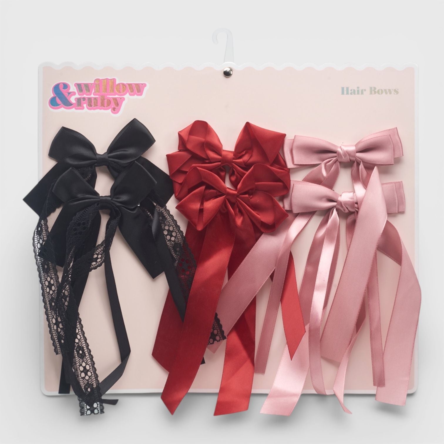 Willow & Ruby 6pk Mixed Satin & Lace Ribbon Hair Bows - Black/Pink/Red