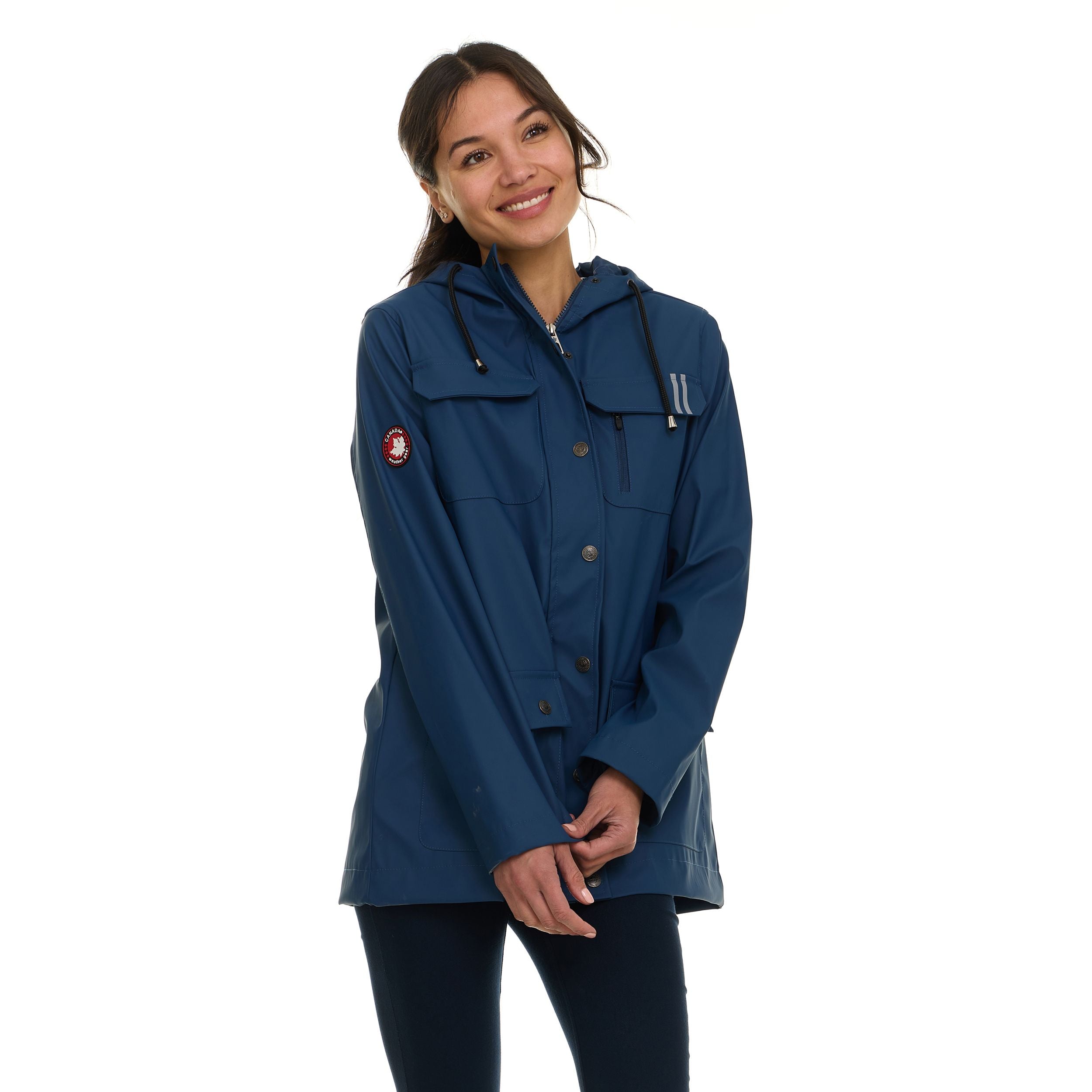 Canada Weather Gear Women's Waterproof Rain Coat with Hood – Lightweight Outdoor Rain Jacket with Front Pockets & Snap Closure
