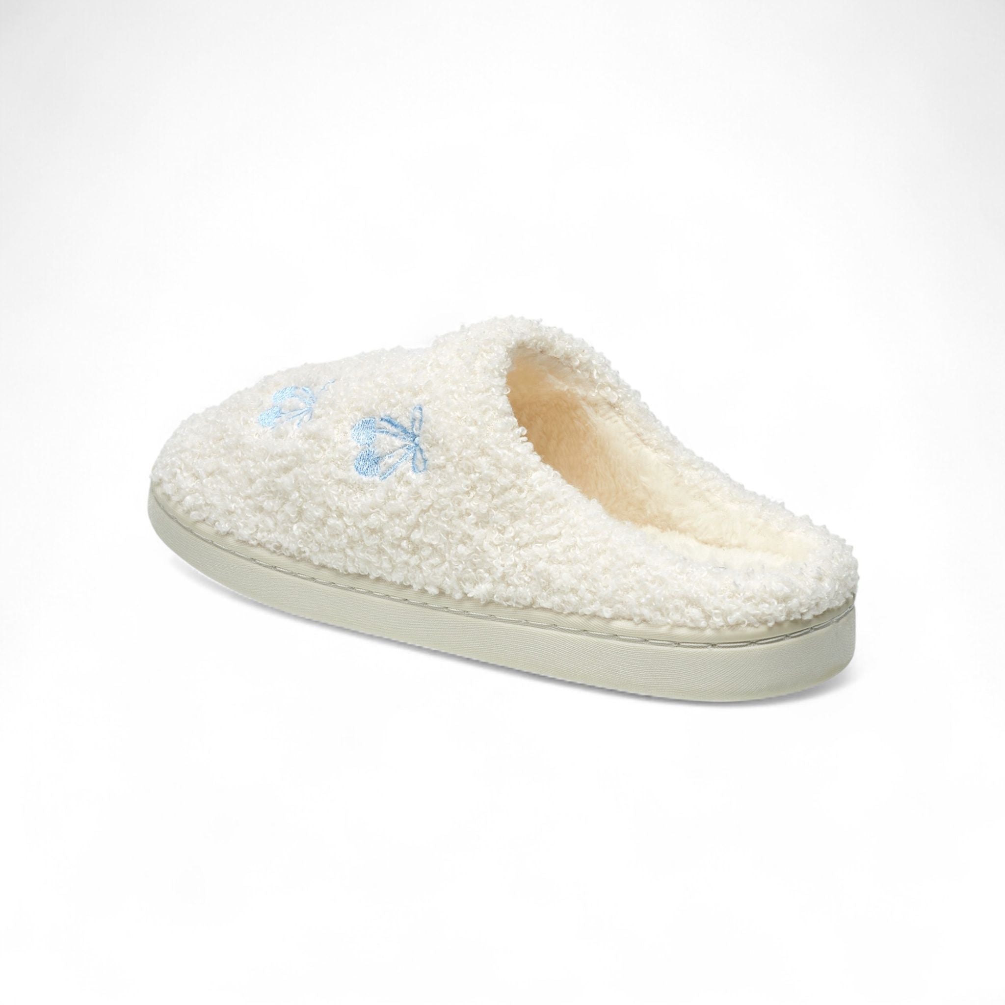 Aéropostale Women’s Fuzzy “Cherry-Bow” Mule Slippers – Ivory Slip-On House Shoes with Sky-Blue Cherry-Tie Embroidery & Non-Slip Outsole