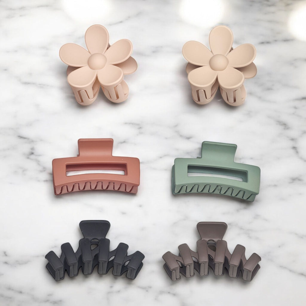 Hair Essentials Women's Hair Clip Set - Flower, Rectangle, and Modern Claw Clips in Neutral Colors, (6-Piece or 18-Piece Packs)