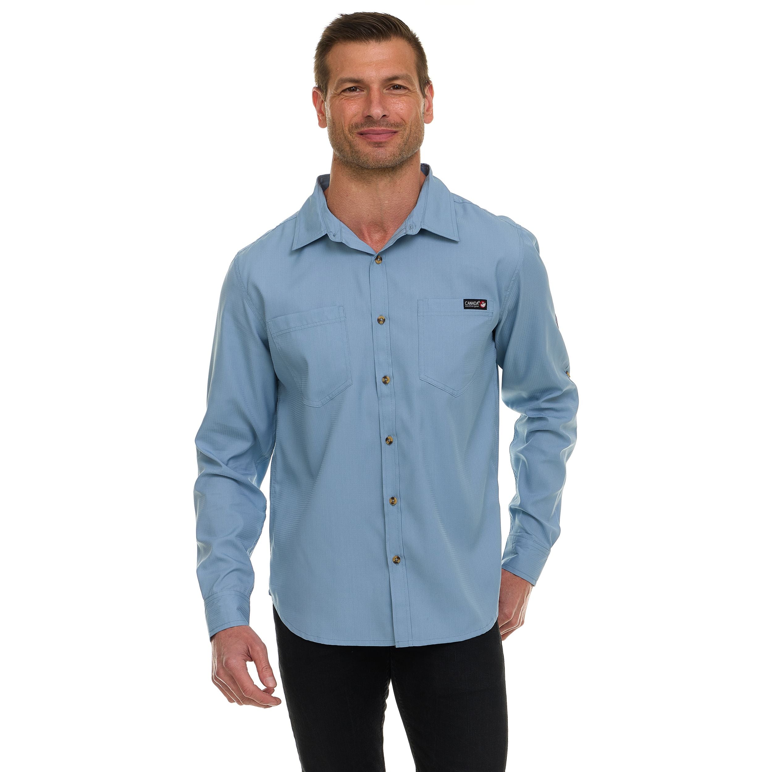Canada Weather Gear Men’s Long Sleeve Ripstop Shirt – Roll-Up Sleeves, Dual Chest Pockets, Outdoor Lightweight Button-Down