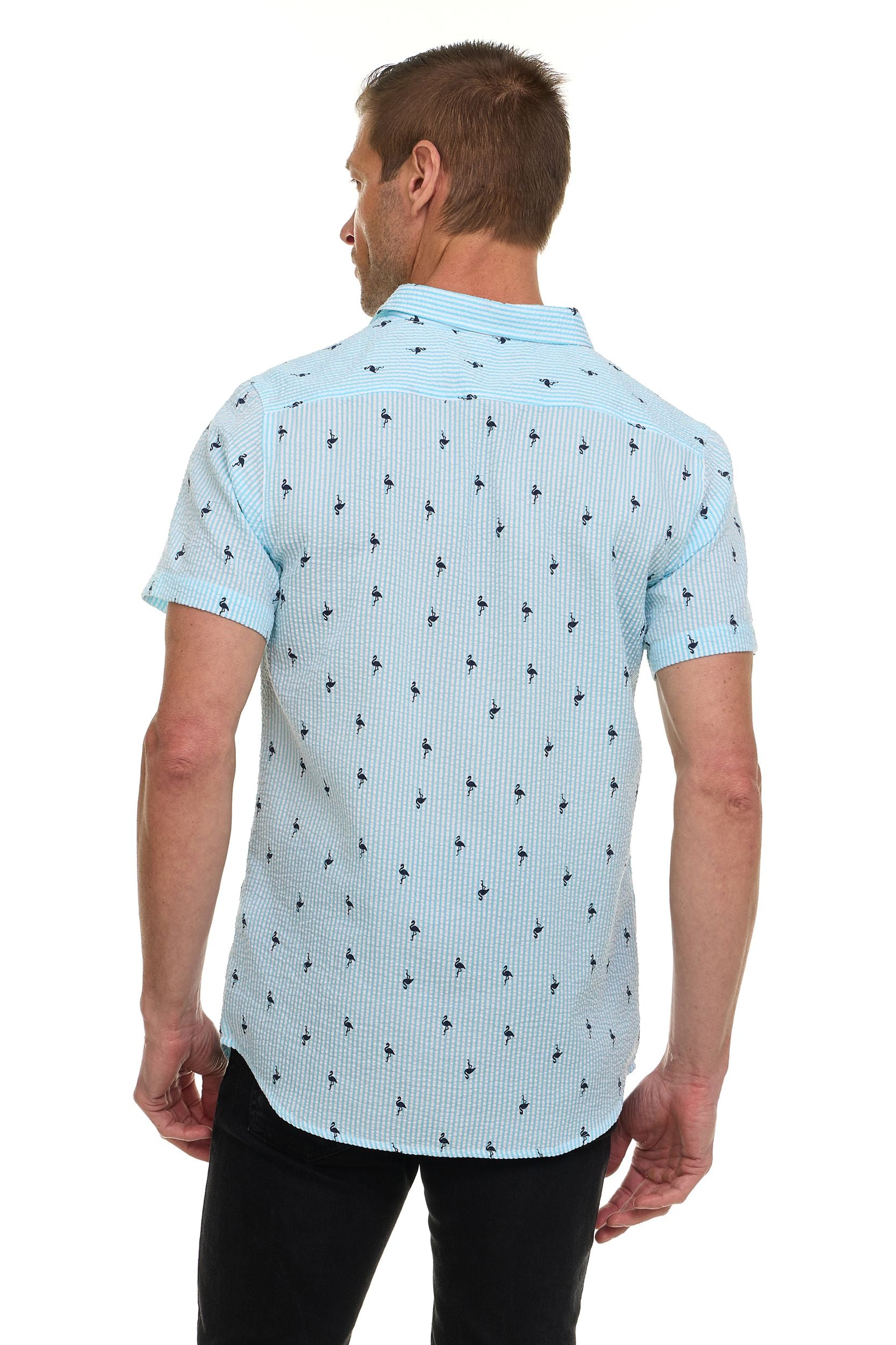 Canada Weather Gear Men’s Seersucker Short Sleeve Shirt with Allover Palm Print – Lightweight Button-Down Casual Shirt