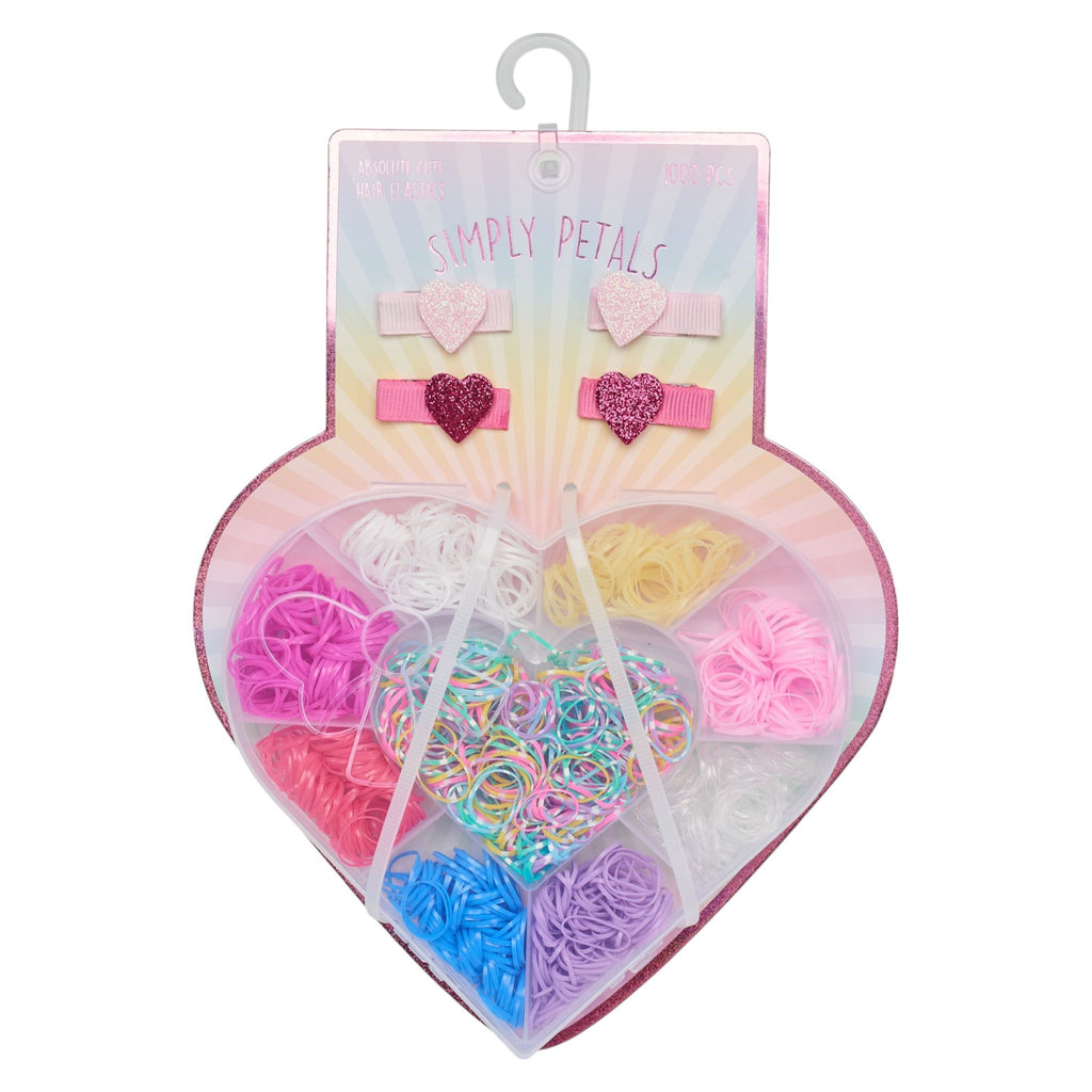 Simply Petals 1000pc Girls' Hair Elastics Accessory Gift Set with Har Ties Elastics & Glitter Heart Clips for Kids
