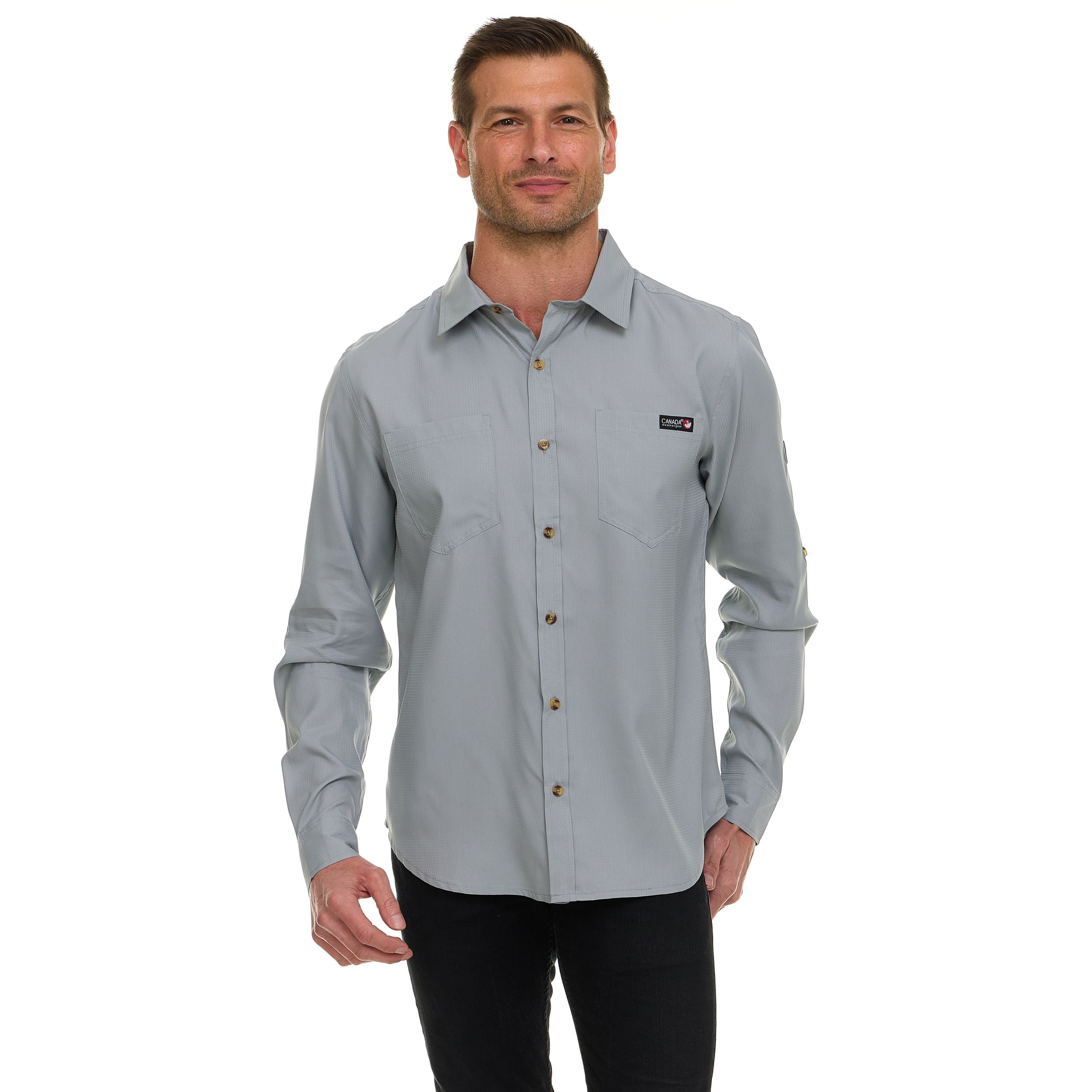 Canada Weather Gear Men’s Long Sleeve Ripstop Shirt – Roll-Up Sleeves, Dual Chest Pockets, Outdoor Lightweight Button-Down