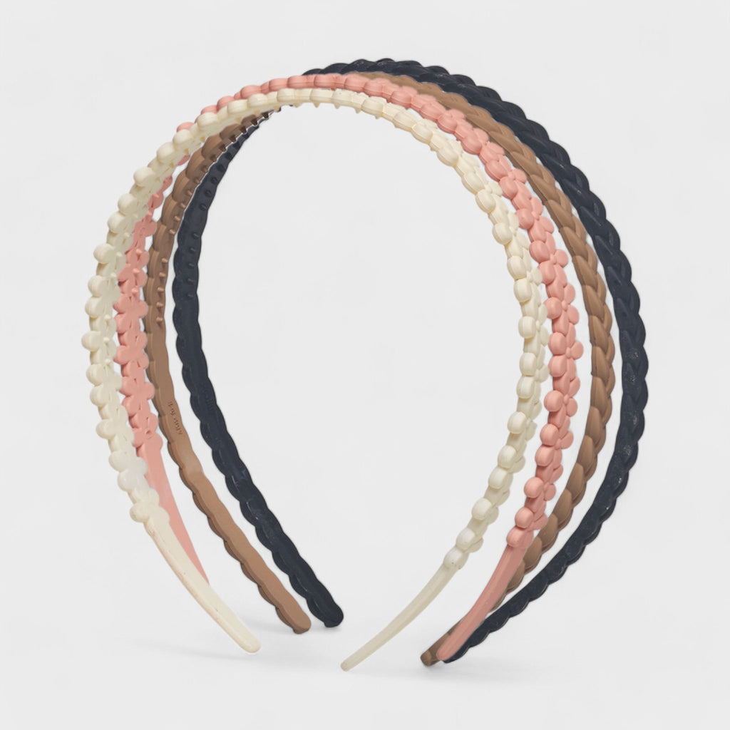 Hair Essentials Women's 4-Pack Decorative Headband Set for Women, Braided & Floral Design, Comfortable & Non-Slip, Beige, Brown, Pink, and Black
