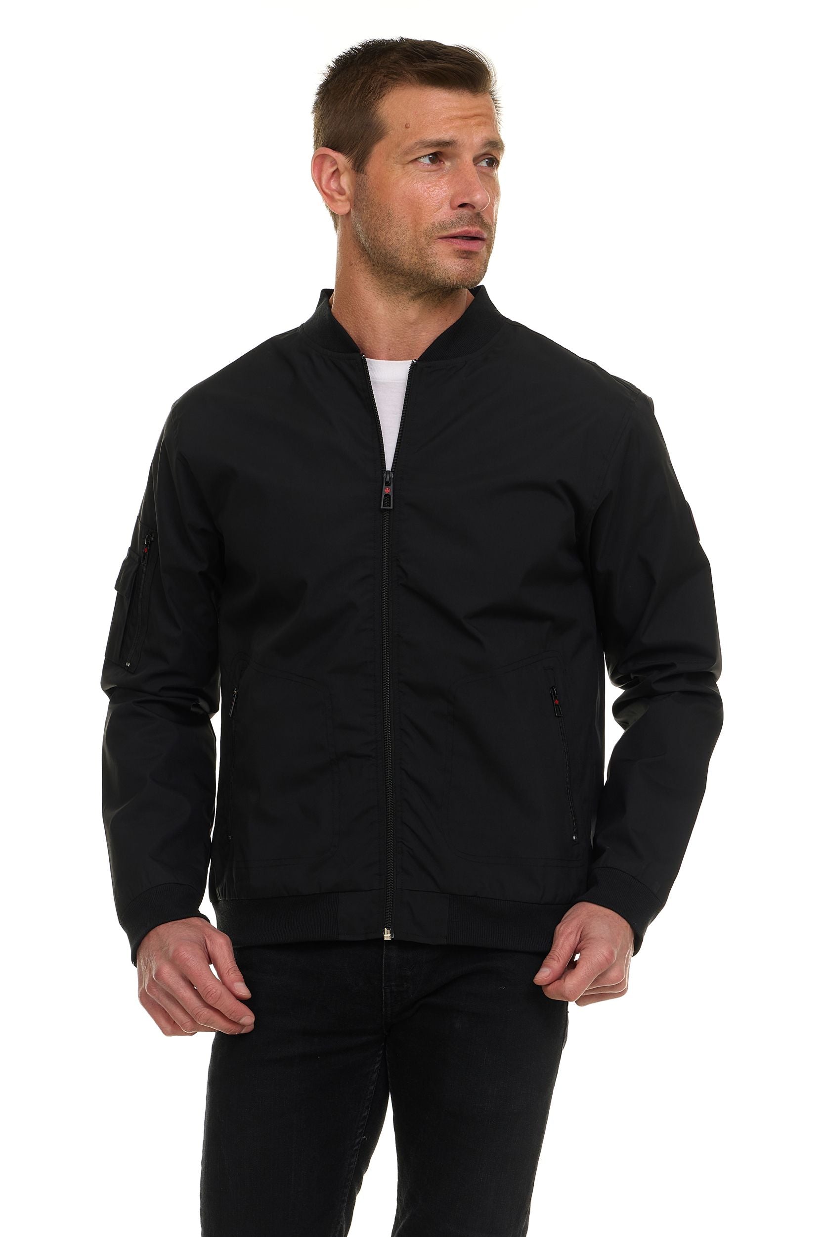 Canada Weather Gear Men’s Water Resistant Microfiber Bomber Jacket – Lightweight Zip-Up Windbreaker with Sleeve Pocket