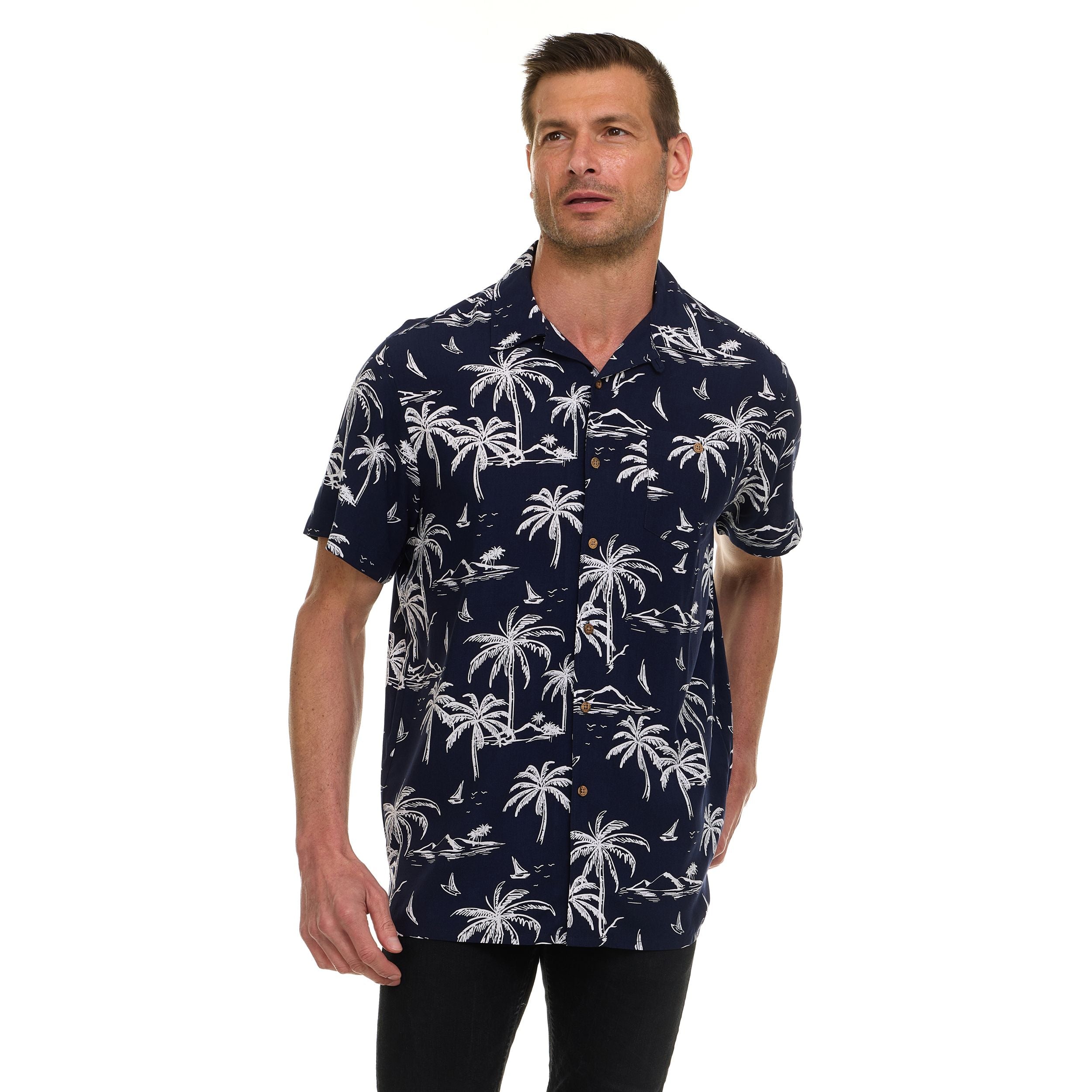 Super Triple Goose Men’s Printed Rayon Camp Collar Shirt - Soft Feel, Moisture-Wicking, Easy Care