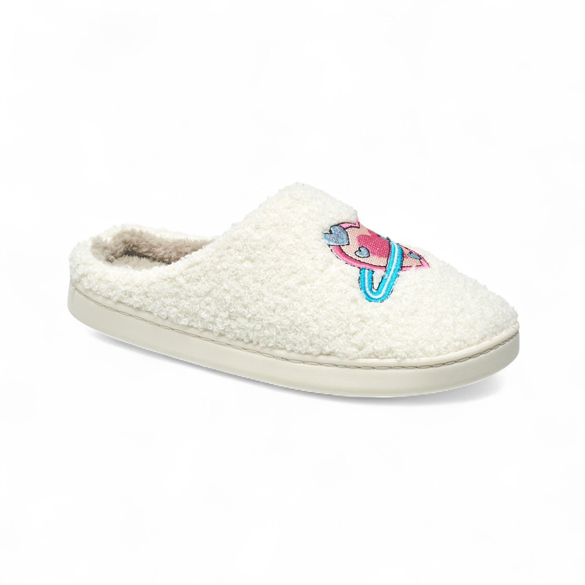 Aéropostale Women’s Fuzzy “Galaxy Heart” Mule Slippers – Ivory Slip-On House Shoes with Pink Heart-Planet & Blue Ring Embroidery