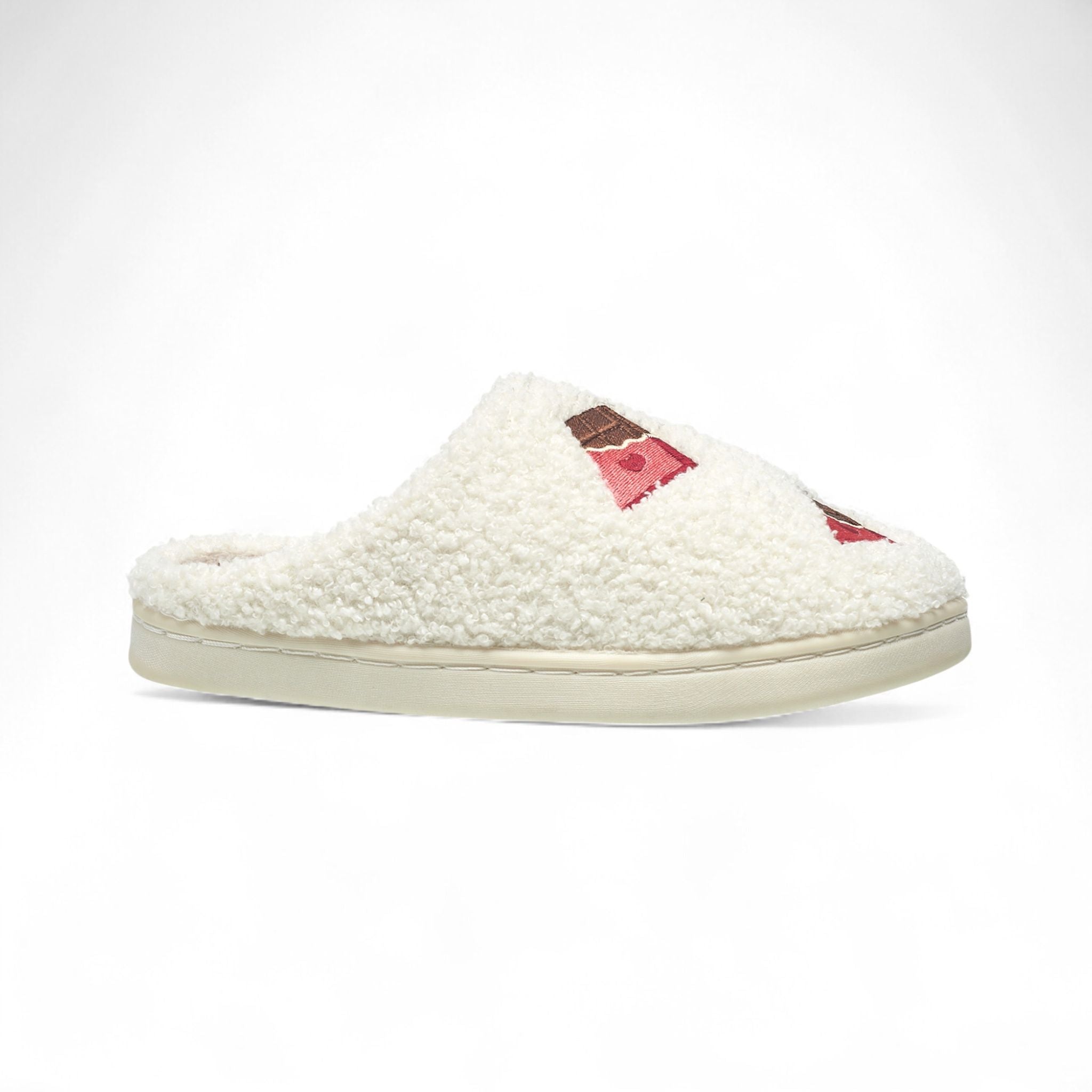 Aéropostale Women’s Fuzzy Chocolate Bar Mule Slippers – Ivory Slip-On House Shoes with Sweet Embroidered Candy Bars & Hearts