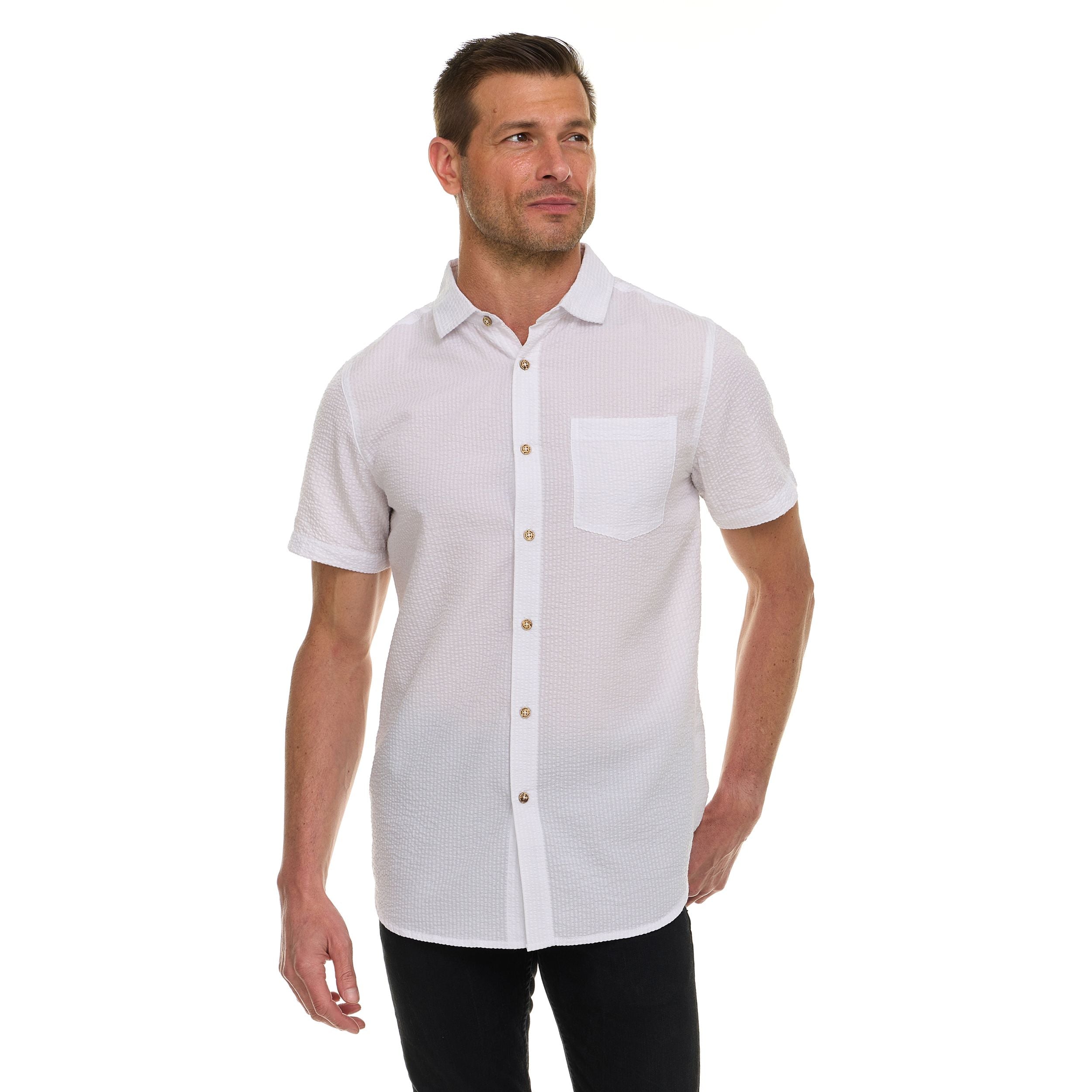 Canada Weather Gear Men’s Seersucker Button-Down Shirt – Short Sleeve Solid Textured Short Sleeve Shirt with Chest Pocket
