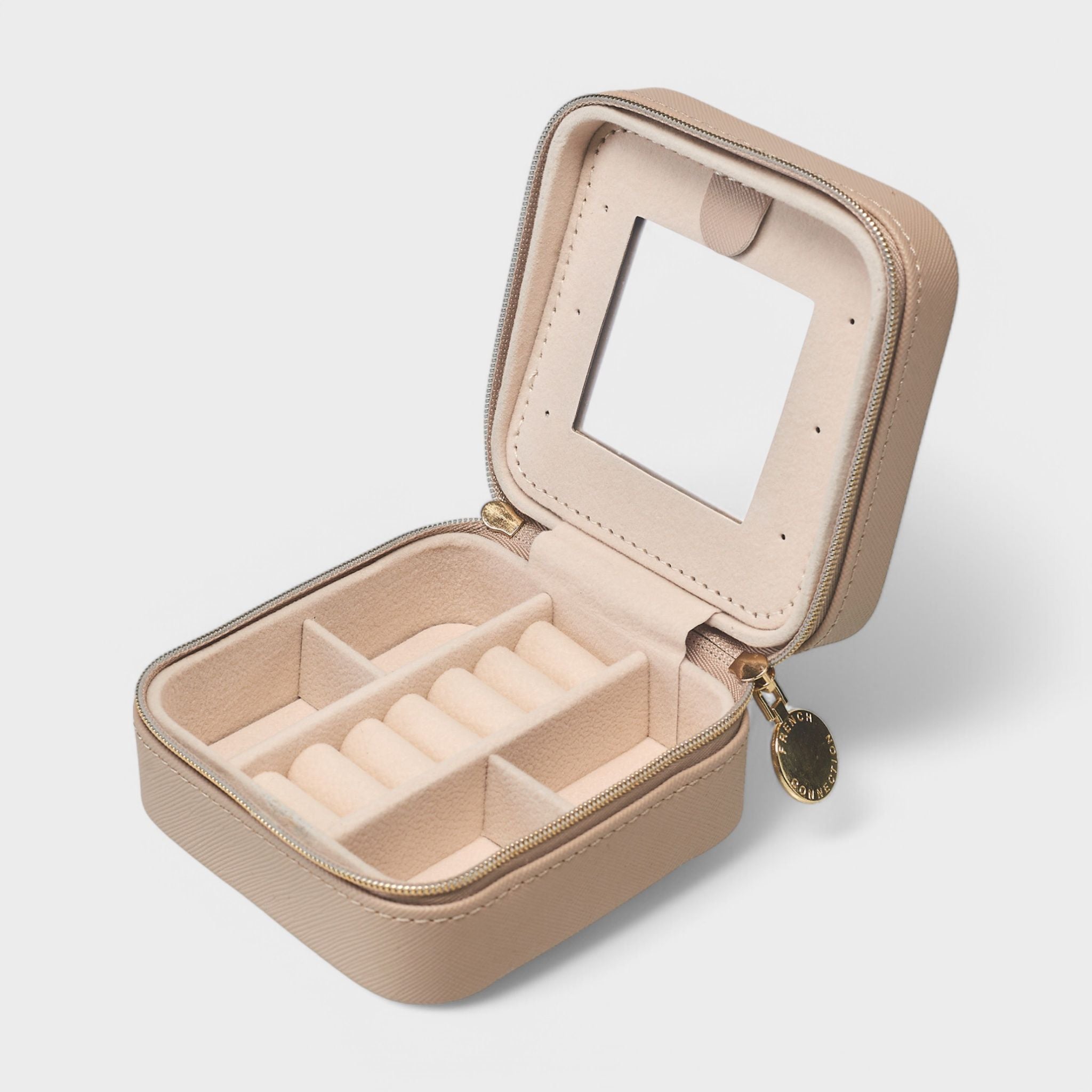 French Connection Small Travel Accessory Organizer with Mirror – Compact Jewelry Storage Box, Faux Leather