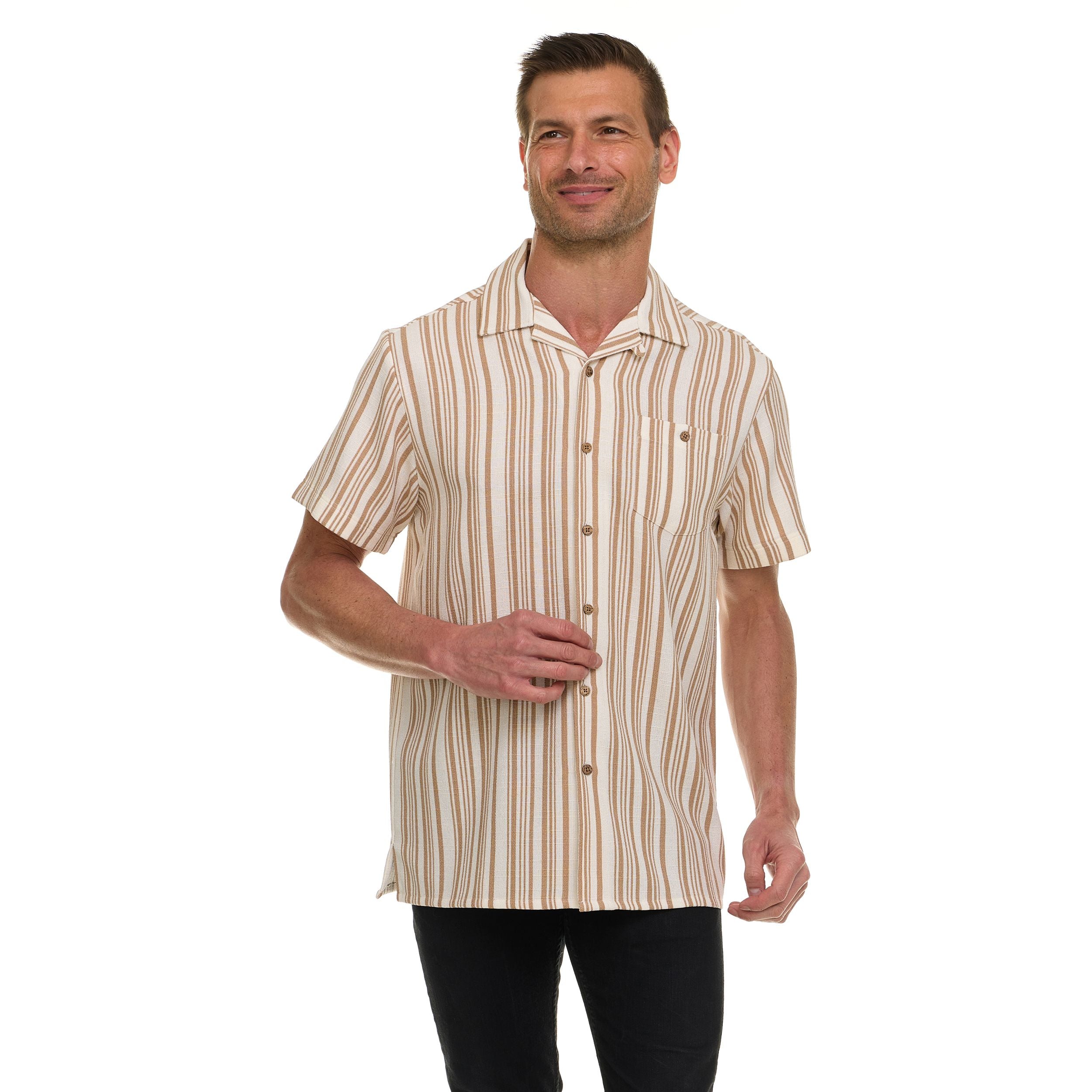 Super Triple Goose Men’s Short Sleeve Button-Up Shirt – Lightweight Striped Casual Shirt with Chest Pocket
