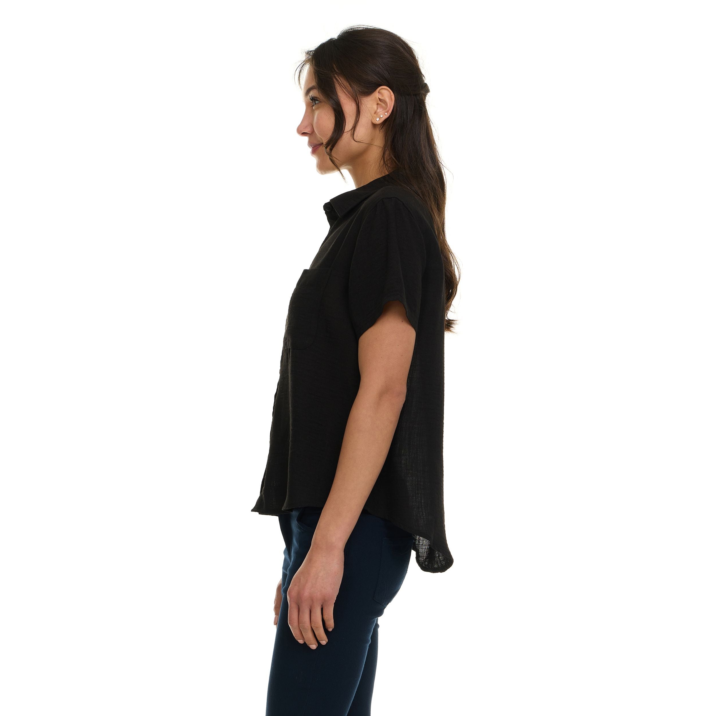 Super Triple Goose Women’s Short Sleeve Linen Shirt – Lightweight Button-Up Collared Blouse with Front Pockets